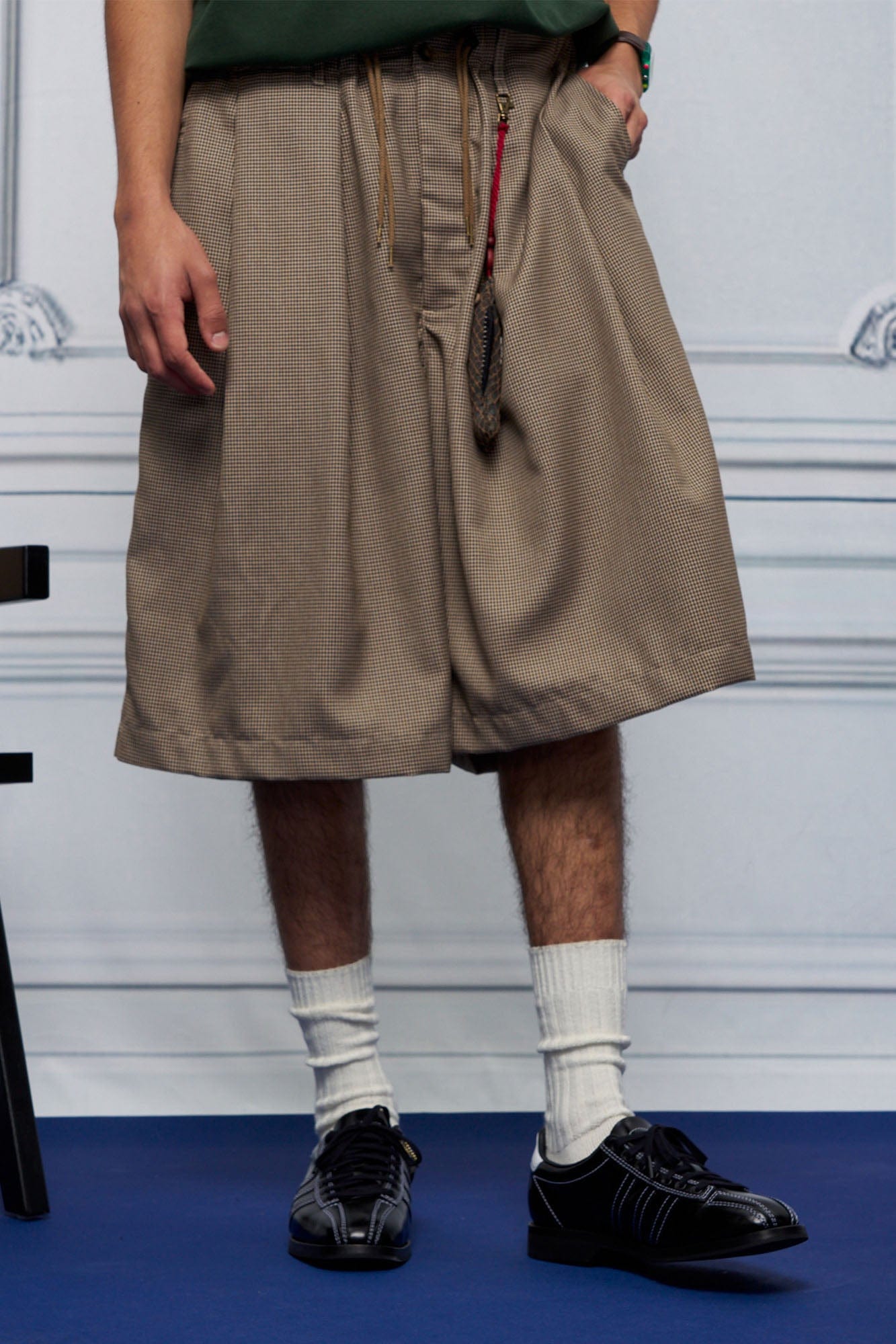UNLIMITED MOTE Pleated Wide-Leg Drawstring Shorts Houndstooth, premium urban and streetwear designers apparel on PROJECTISR.com, UNLIMITED MOTE
