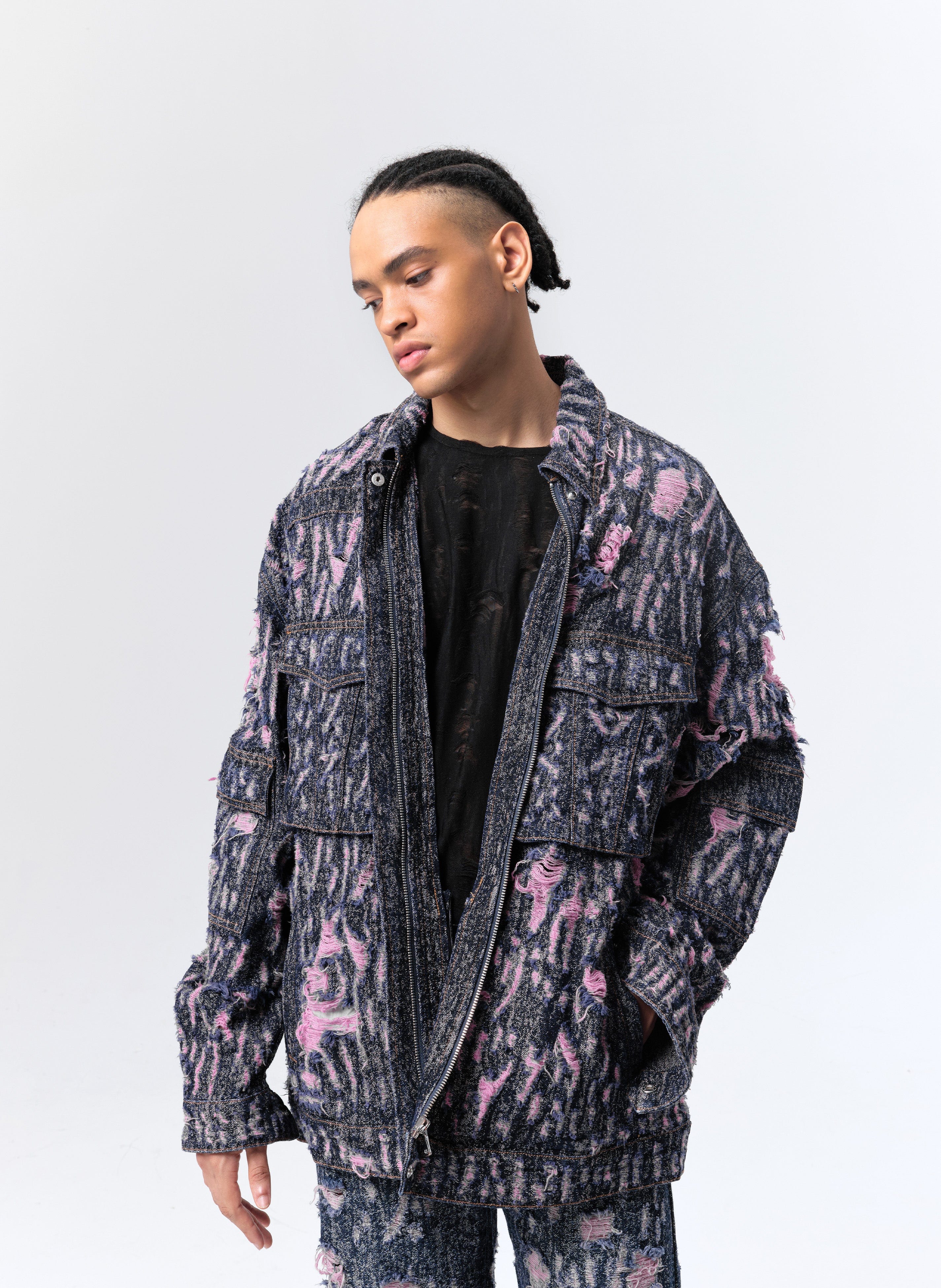 VANN VALRENCE Distressed Embroidered Multi-Pockets Denim Jacket, premium urban and streetwear designers apparel on PROJECTISR.com, VANN VALRENCE