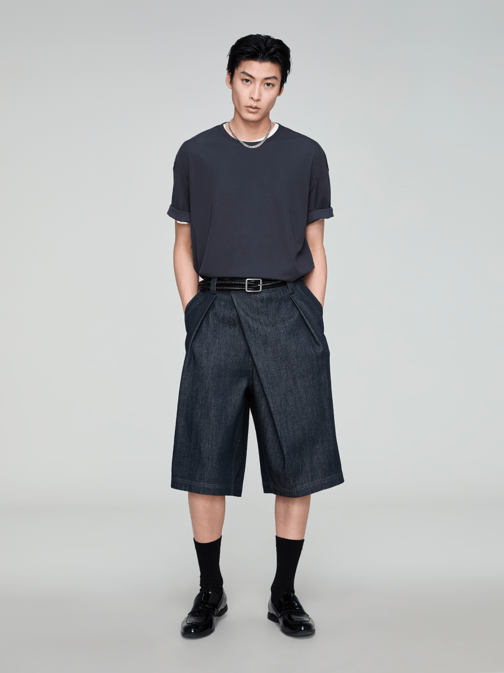 OPICLOTH Washed Asymmetric Fly Pleated Denim Shorts, premium urban and streetwear designers apparel on PROJECTISR.com, OPICLOTH