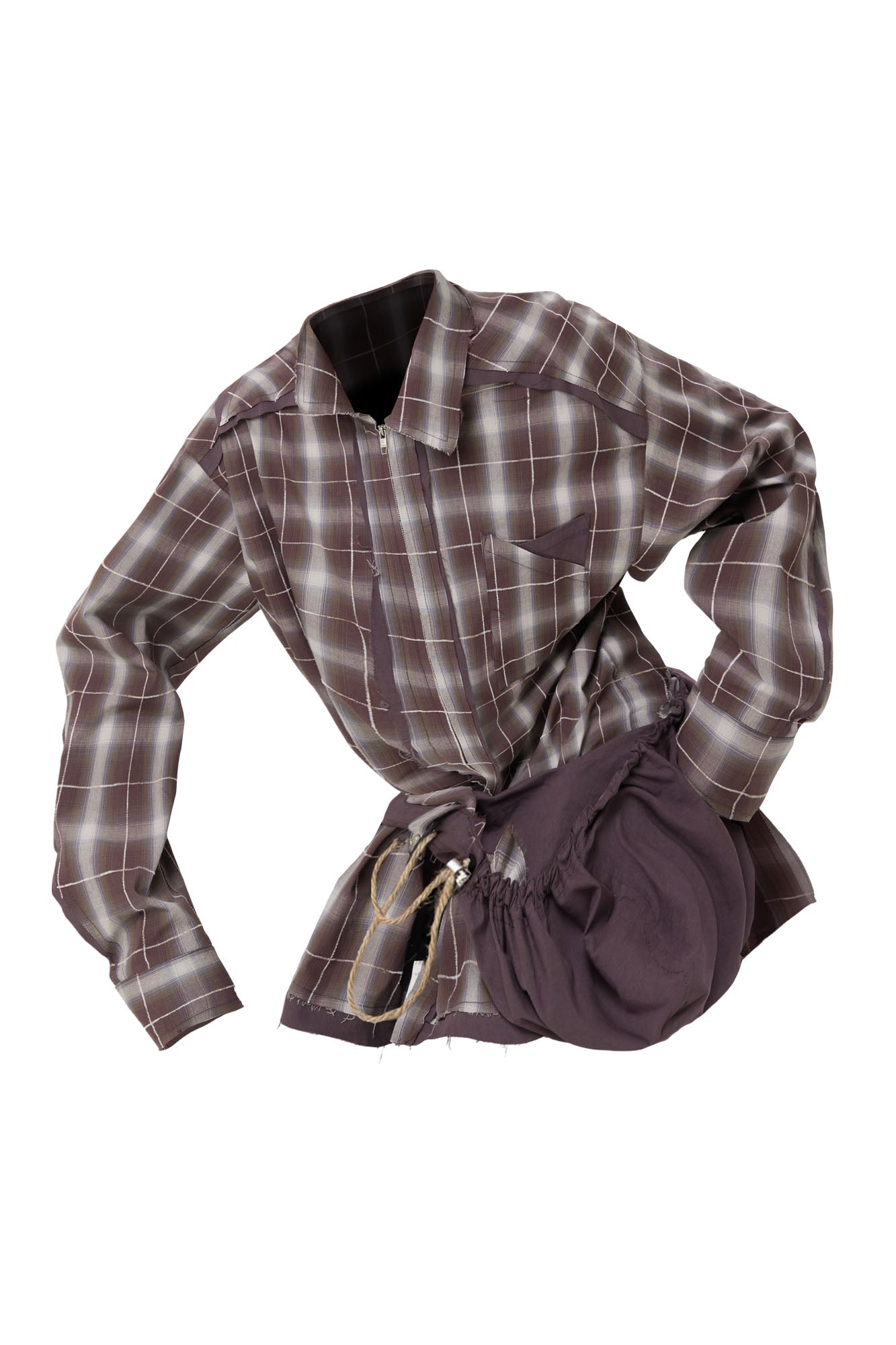 RELABEL Detachable Hood Plaid Frayed Oversized Shirt