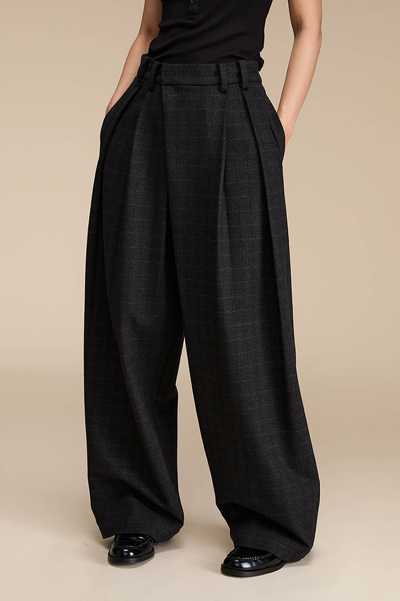 OPICLOTH Plaid Crinkled Wide-Leg Trousers, premium urban and streetwear designers apparel on PROJECTISR.com, OPICLOTH