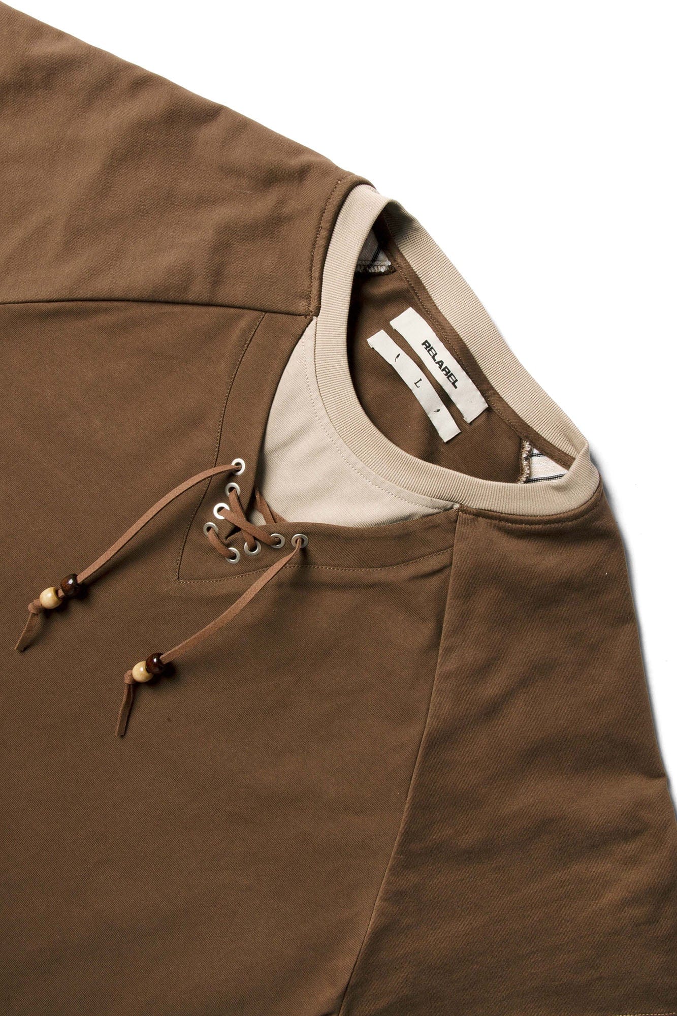 RELABEL Layered Stripe-Sleeve Lace-Up Sweatshirt Brown, premium urban and streetwear designers apparel on PROJECTISR.com, RELABEL