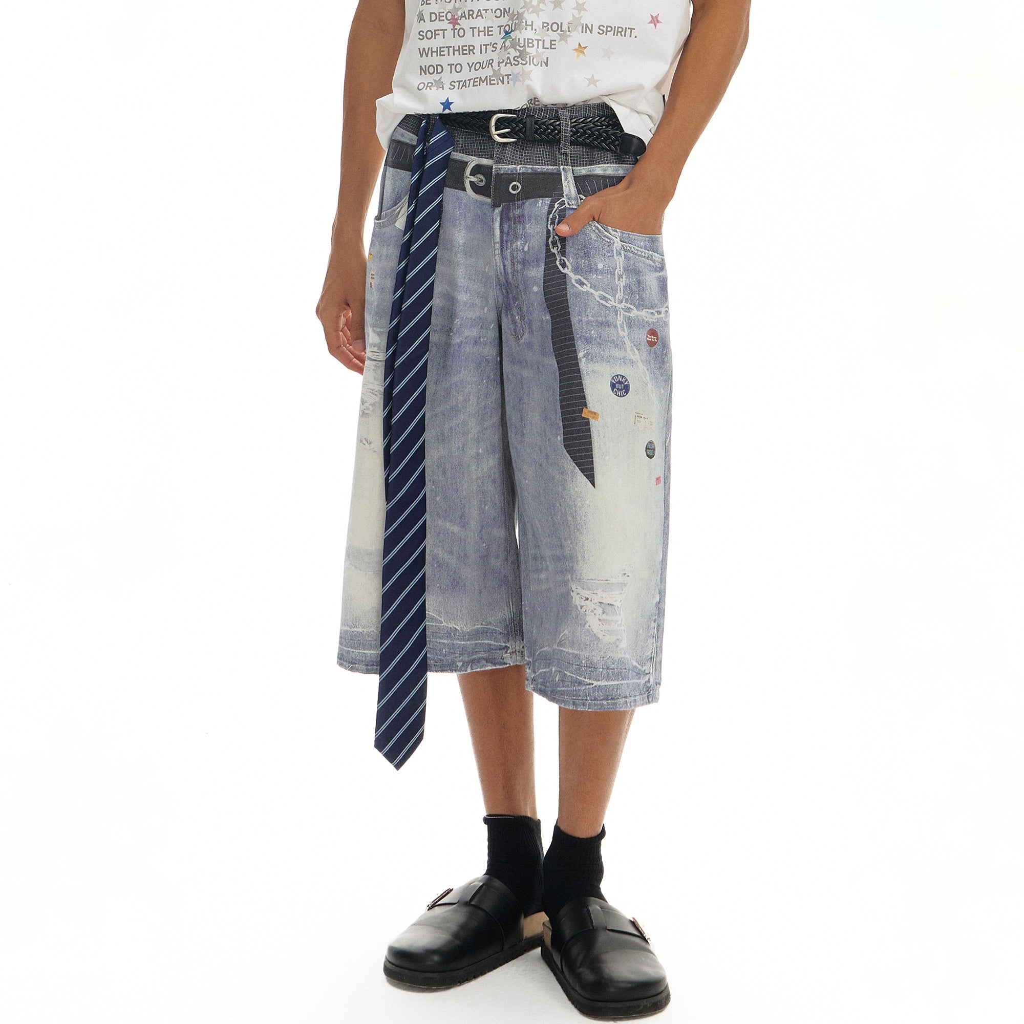 TGNS Trompe-l'œil Distressed Double-Waist Jorts