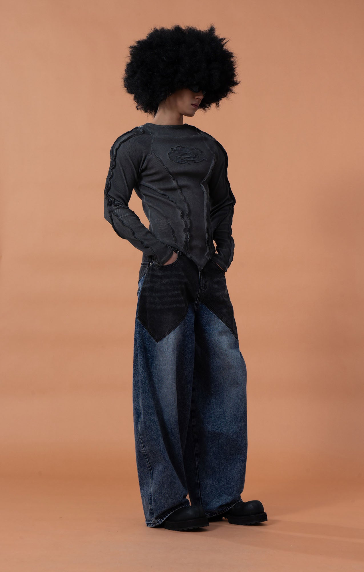 CLP Distressed Contrast-Panel Oversized Jeans, premium urban and streetwear designers apparel on PROJECTISR.com, CLP