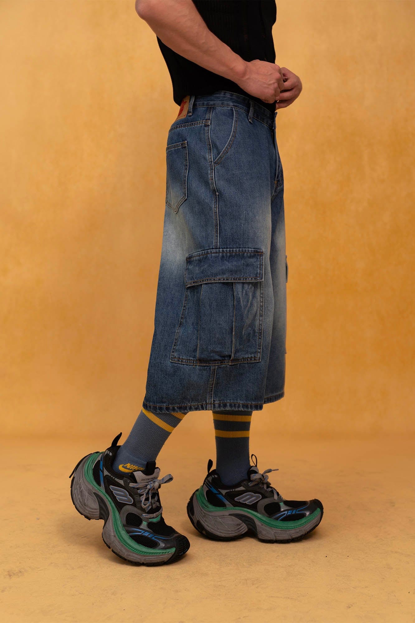 CLP Retro Multi-Pocket Knee-Length Denim Shorts, premium urban and streetwear designers apparel on PROJECTISR.com, CLP