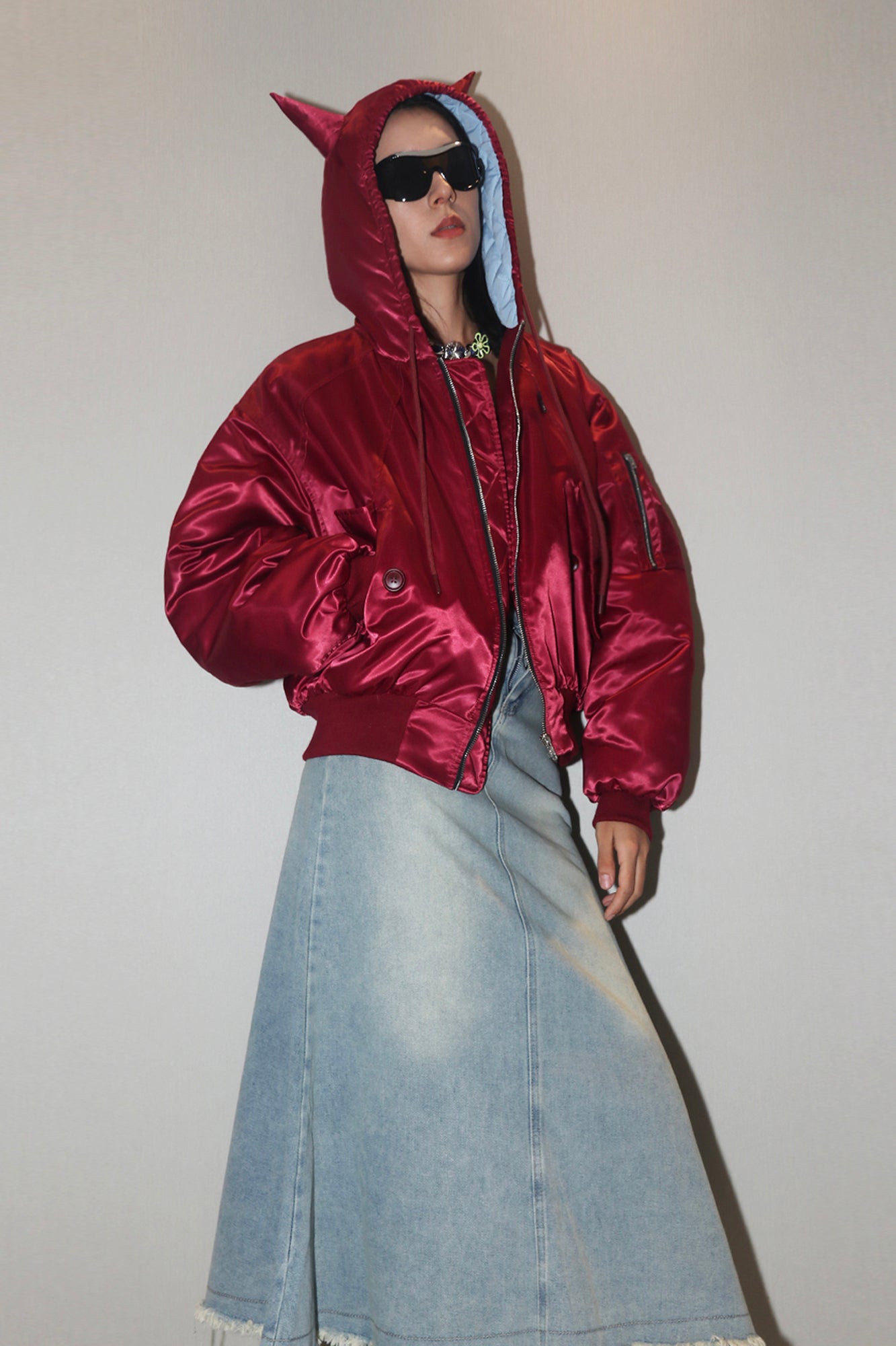 ASSEEN Devil-Horn Satin Hooded Bomber Jacket