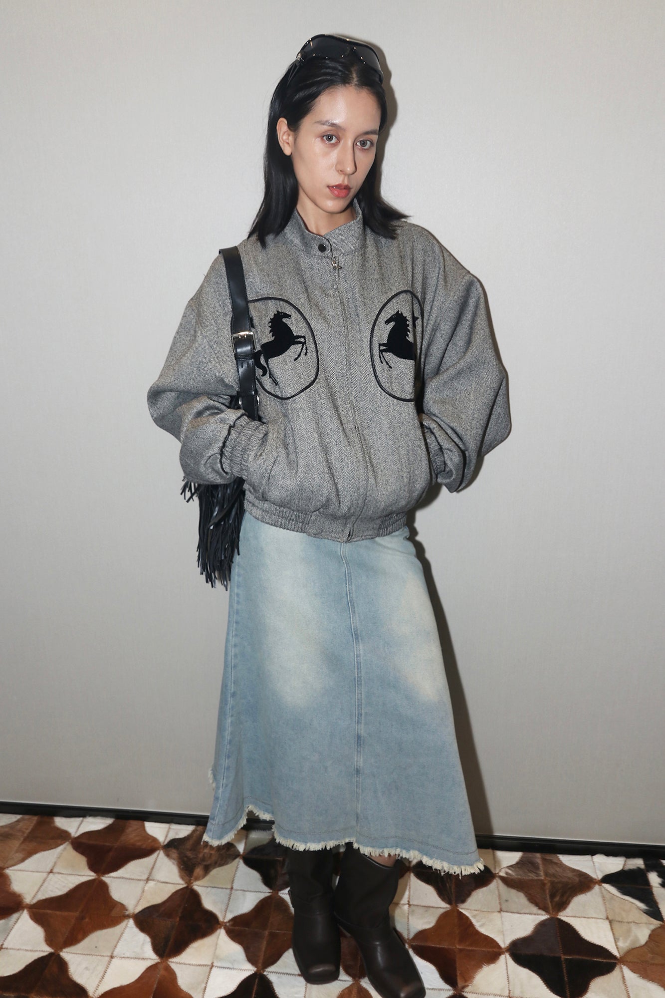 ASSEEN Horse Graphic Herringbone Bomber Jacket