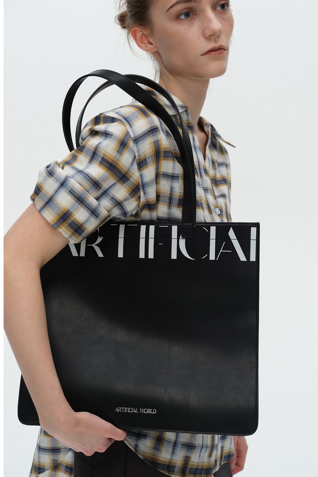 ARTIFICIAL WORLD Logo Graphic Leather Tote Bag, premium urban and streetwear designers apparel on PROJECTISR.com, ARTIFICIAL WORLD