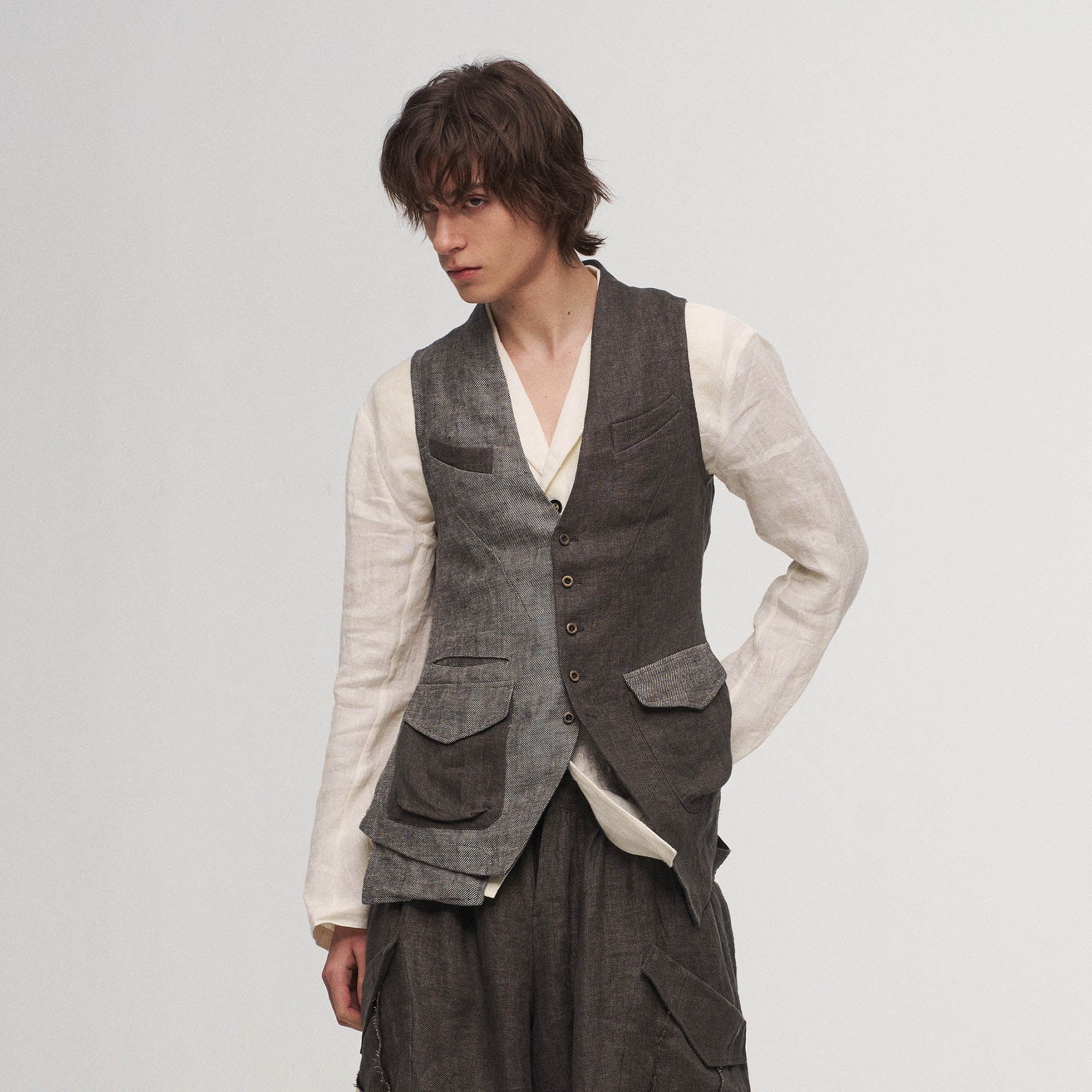 ILNya Nieternite Nifutur Asymmetrical Panelled Contrast Back-Tie Vest Gray, premium urban and streetwear designers apparel on PROJECTISR.com, ILNya Nieternite Nifutur