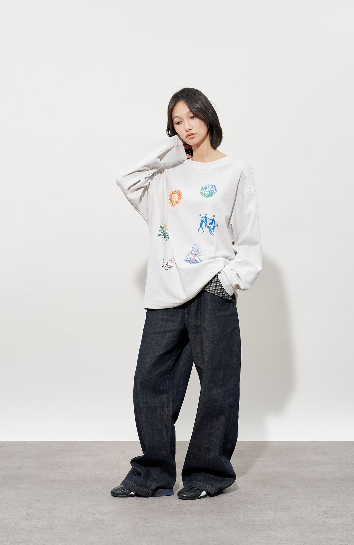FMACM Plaid Spliced Raw-Hem Straight-Leg Jeans