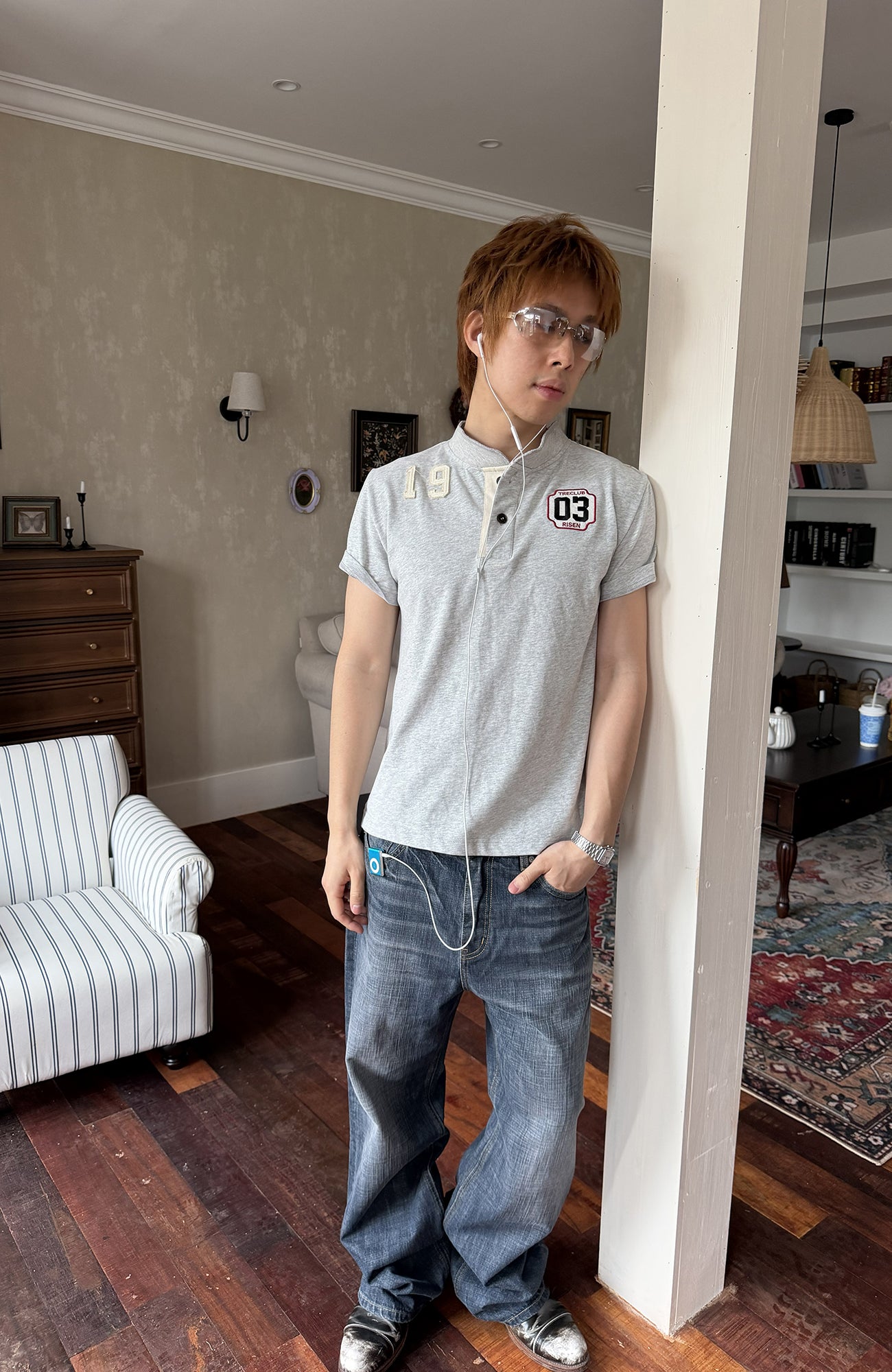 TRECLUB Retro Star Stripe Stand-Collar Polo T-Shirt