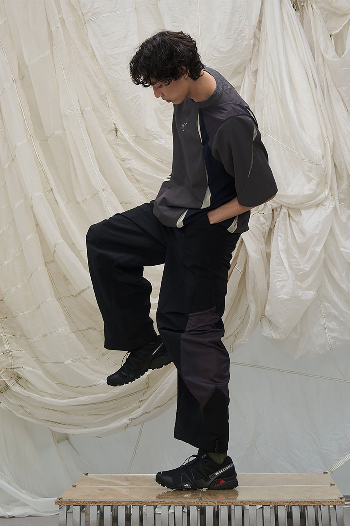 RELABEL Deconstructed Paneled Drawstring Parachute Pants, premium urban and streetwear designers apparel on PROJECTISR.com, RELABEL