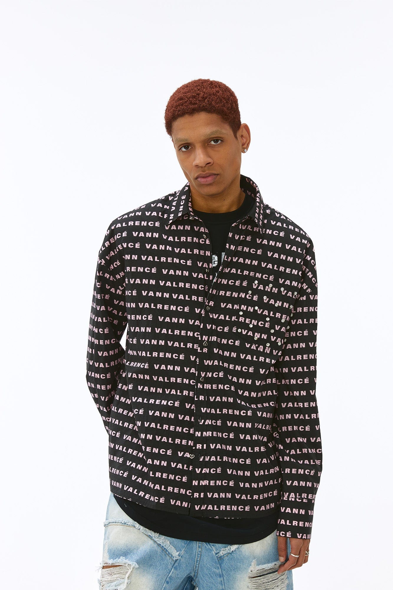 VANN VALRENCE Monogram Crystal-Studded Oversized Shirt, premium urban and streetwear designers apparel on PROJECTISR.com, VANN VALRENCE