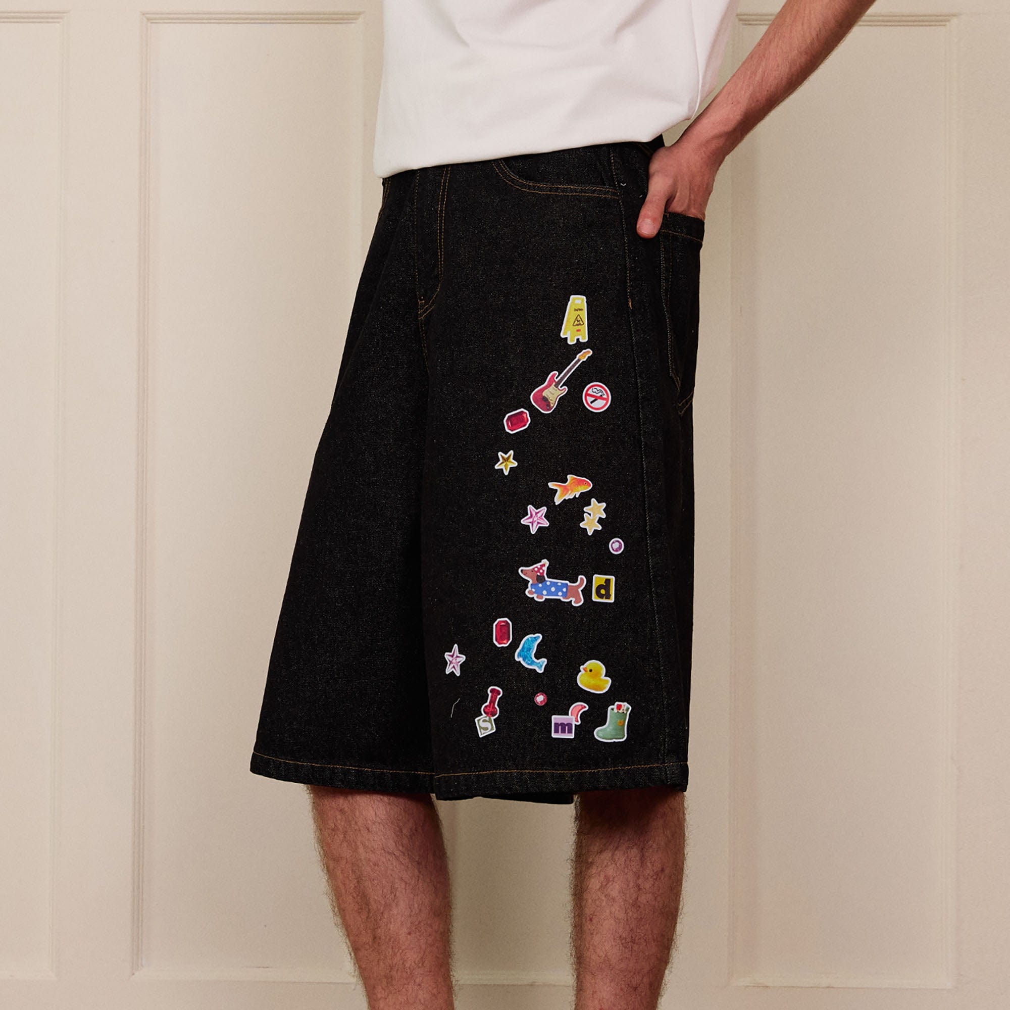 DONSMOKE Whimsical Stickers Washed Raw-Edge Shorts, premium urban and streetwear designers apparel on PROJECTISR.com, DONSMOKE