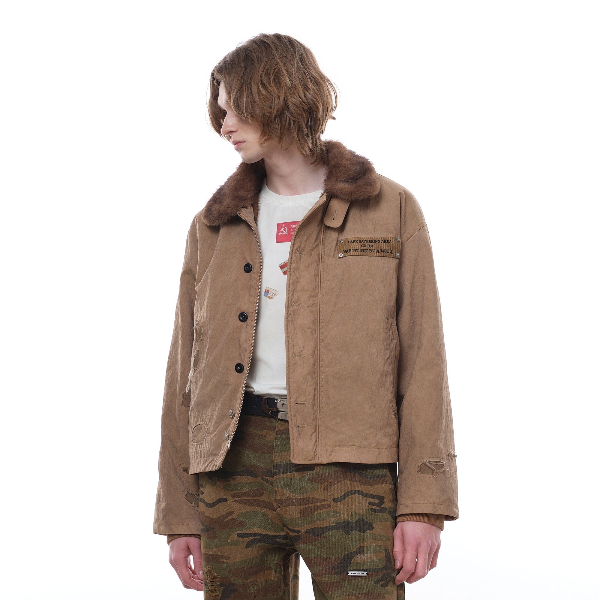 FACEONLAB Distressed Reversible Fuzzy N1 Military Jacket Khaki, premium urban and streetwear designers apparel on PROJECTISR.com, FACEONLAB
