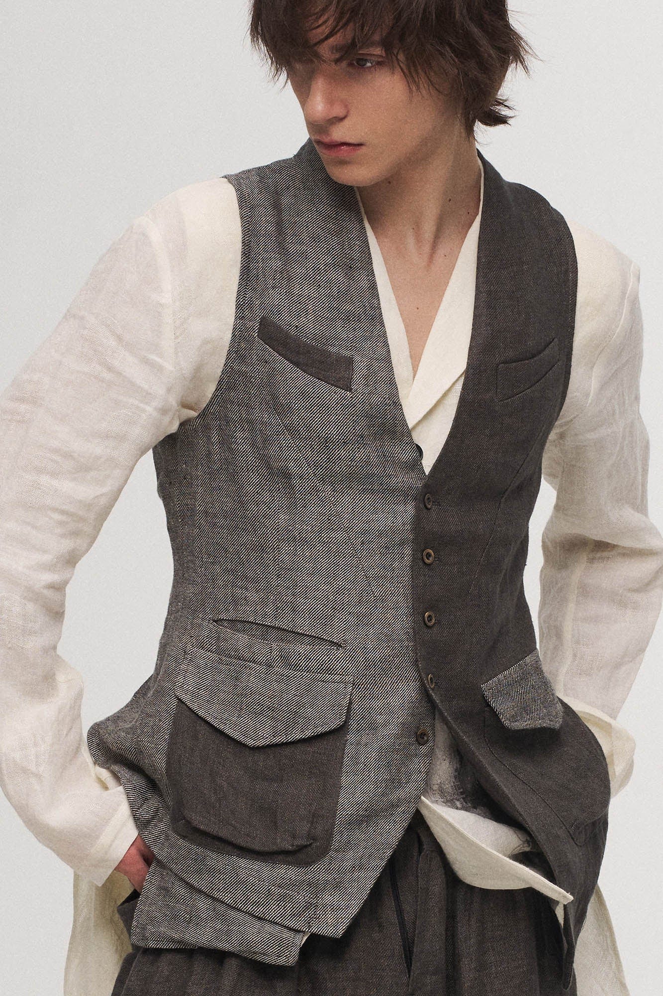 ILNya Nieternite Nifutur Asymmetrical Panelled Contrast Back-Tie Vest Gray, premium urban and streetwear designers apparel on PROJECTISR.com, ILNya Nieternite Nifutur
