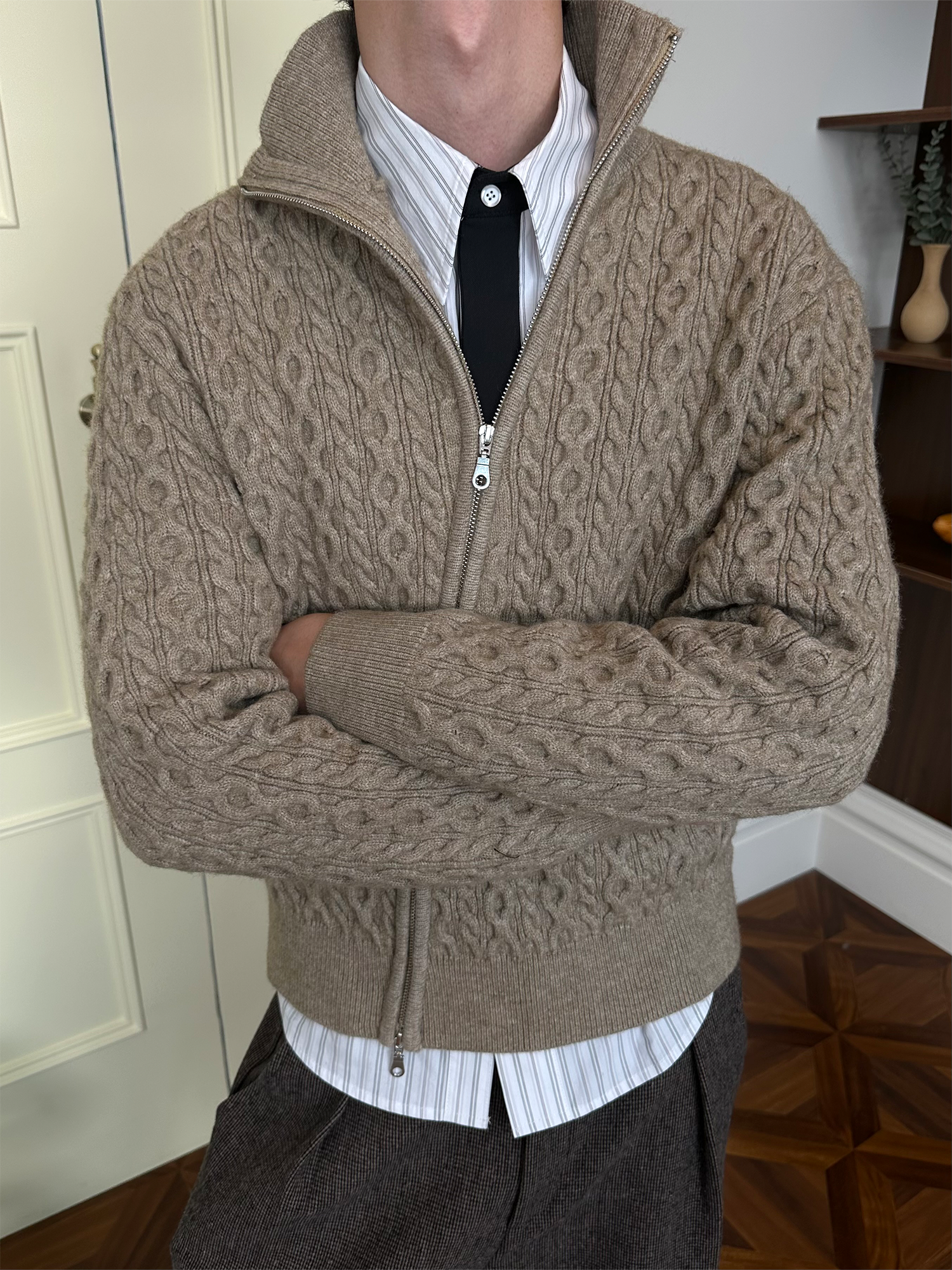KREATE Asymmetrical Zip Cable-Knit Sweater, premium urban and streetwear designers apparel on PROJECTISR.com, KREATE