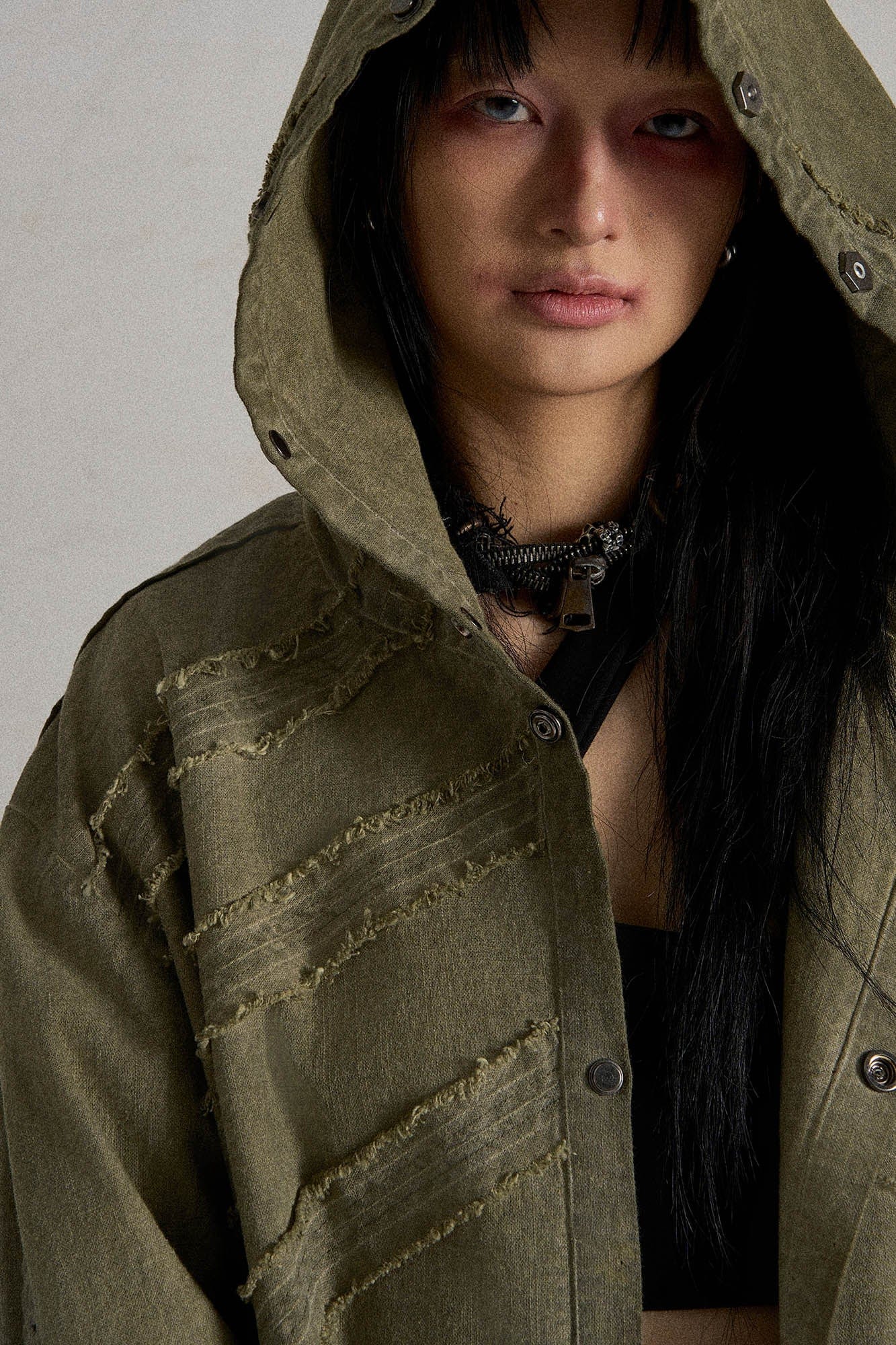 FLYERRER Frayed Fishbone Spliced Strap Hooded Jacket, premium urban and streetwear designers apparel on PROJECTISR.com, FLYERRER