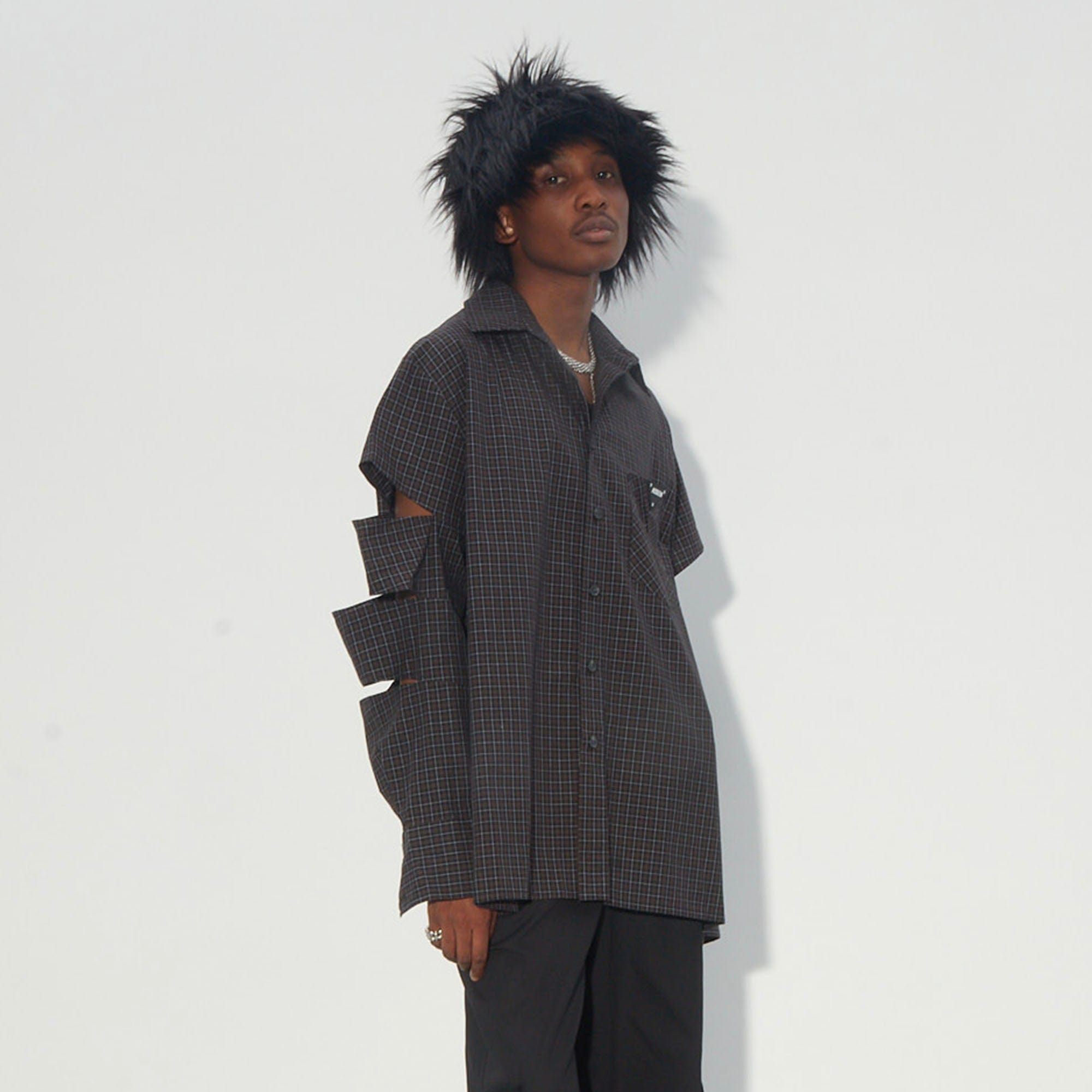 ASSEEN Deconstructed Cutout-Sleeve Mini Check Shirt, premium urban and streetwear designers apparel on PROJECTISR.com, ASSEEN