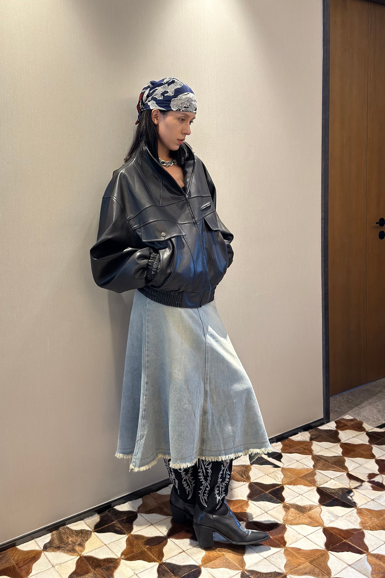 ASSEEN Oversized Paneled Utility Faux Leather Jacket
