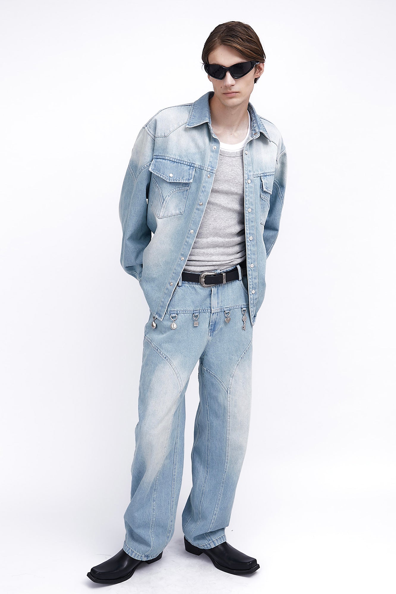 ASSEEN Paneled Washed Western Denim Shirt