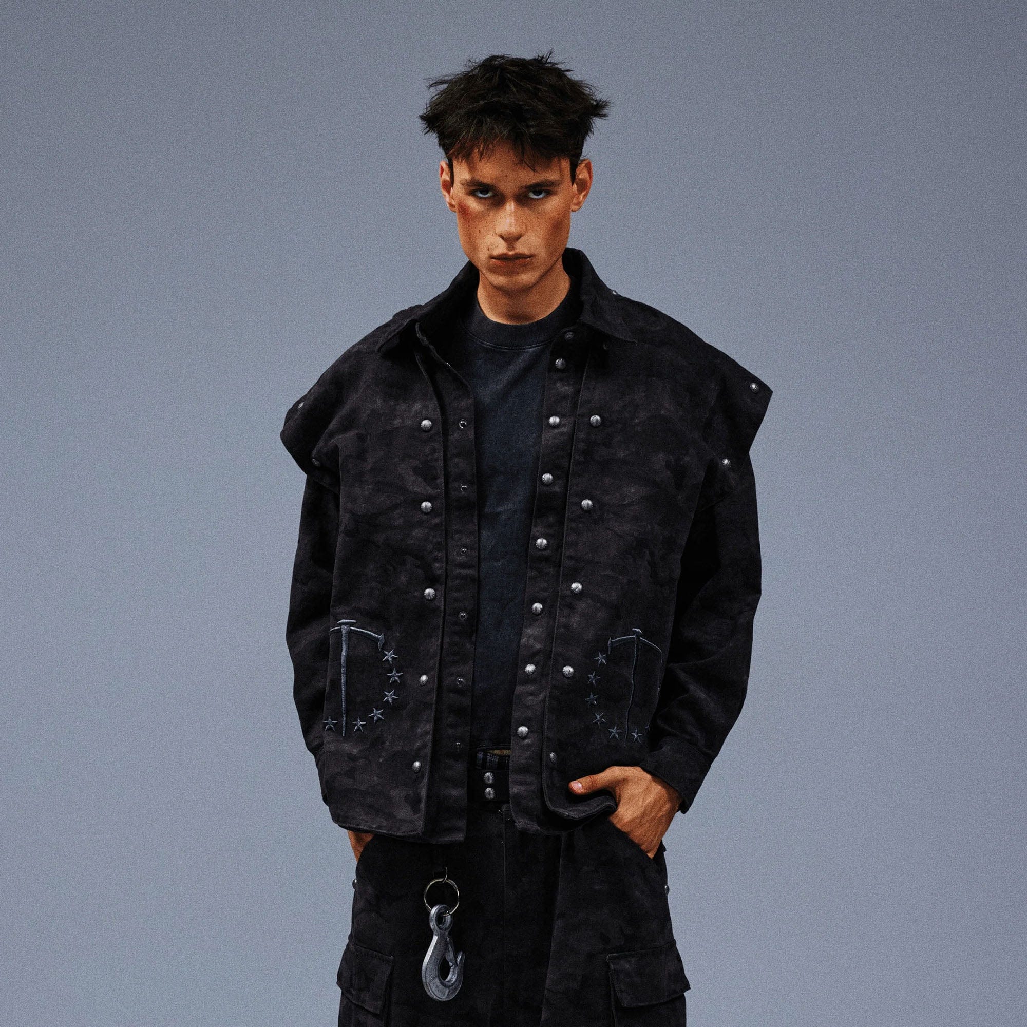 TECNINEGROUP Detachable Hood Star-Rivet Camo Jacket, premium urban and streetwear designers apparel on PROJECTISR.com, TECNINEGROUP