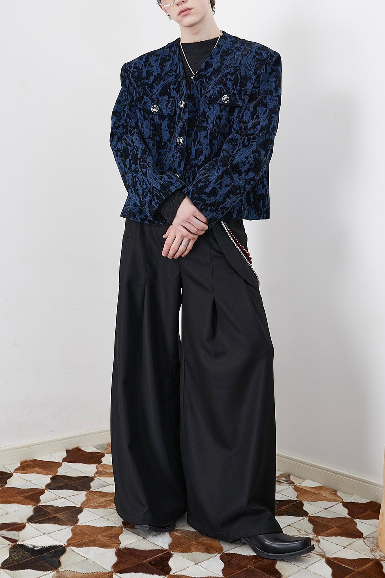 ASSEEN Asymmetrical Tab Pleated Wide-Leg Pants Black, premium urban and streetwear designers apparel on PROJECTISR.com, ASSEEN