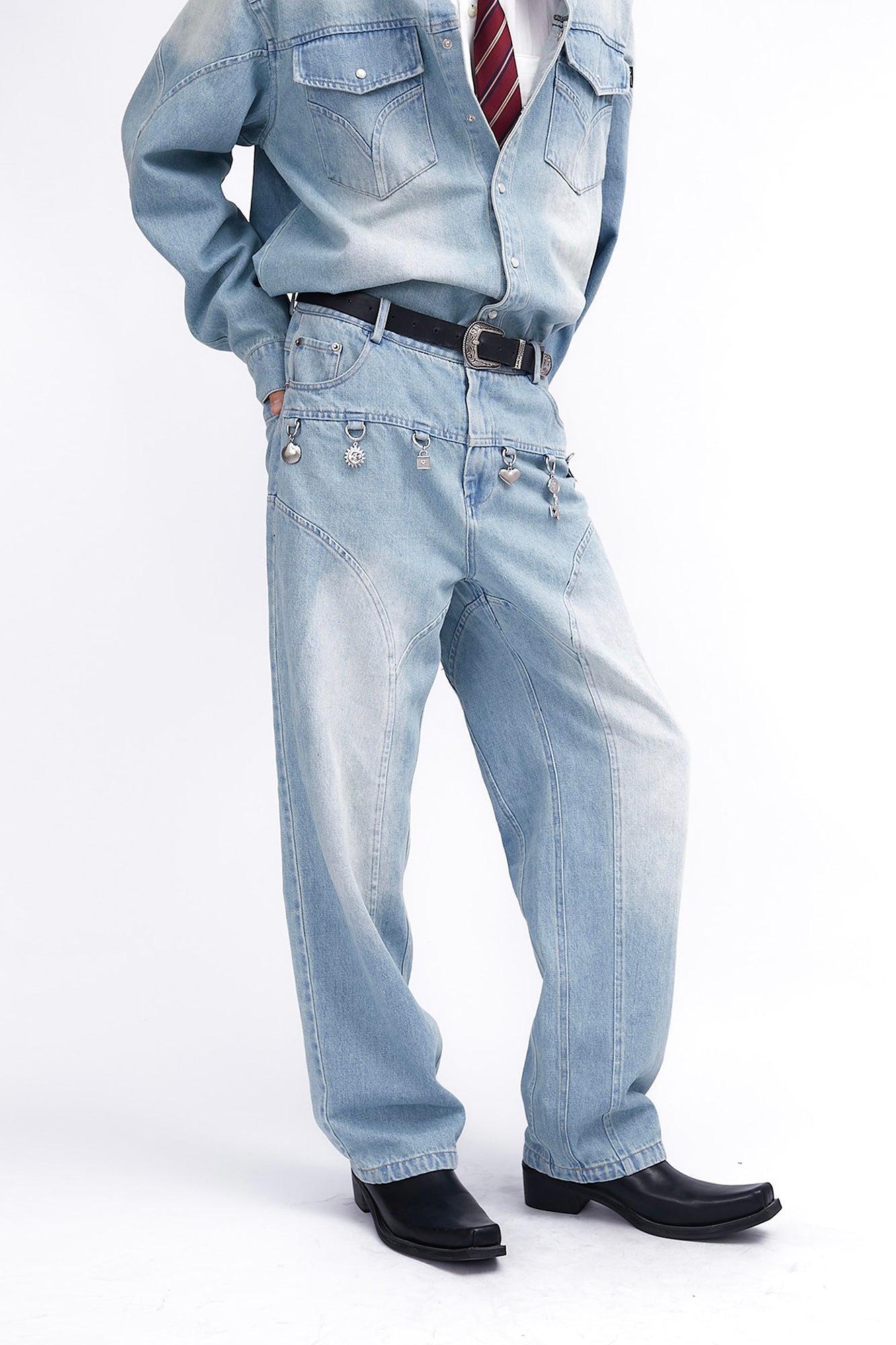 ASSEEN Charm-Trim Washed Paneled Jeans, premium urban and streetwear designers apparel on PROJECTISR.com, ASSEEN