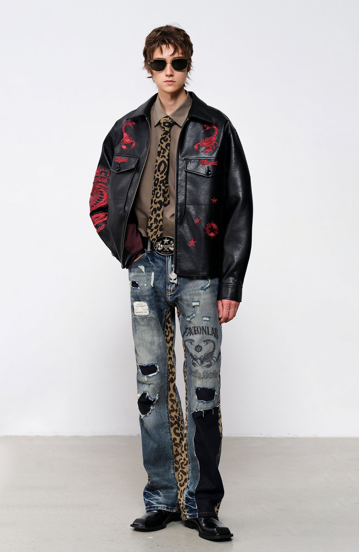 FACEONLAB Embroidered Faux Leather Jacket