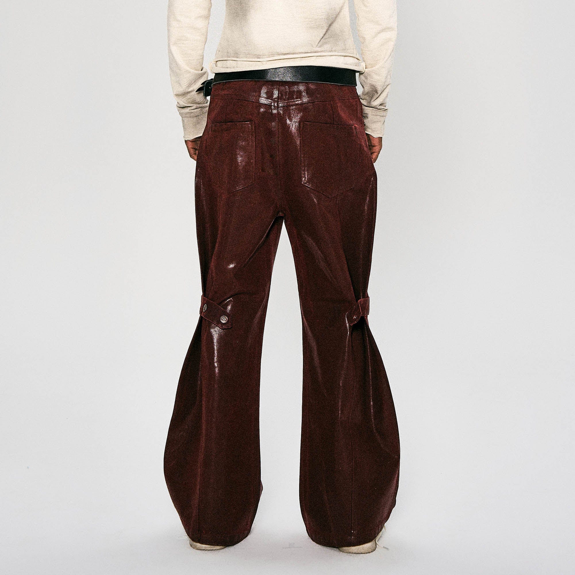 FLYERRER Waxed Spliced Studded Flared Pants, premium urban and streetwear designers apparel on PROJECTISR.com, FLYERRER