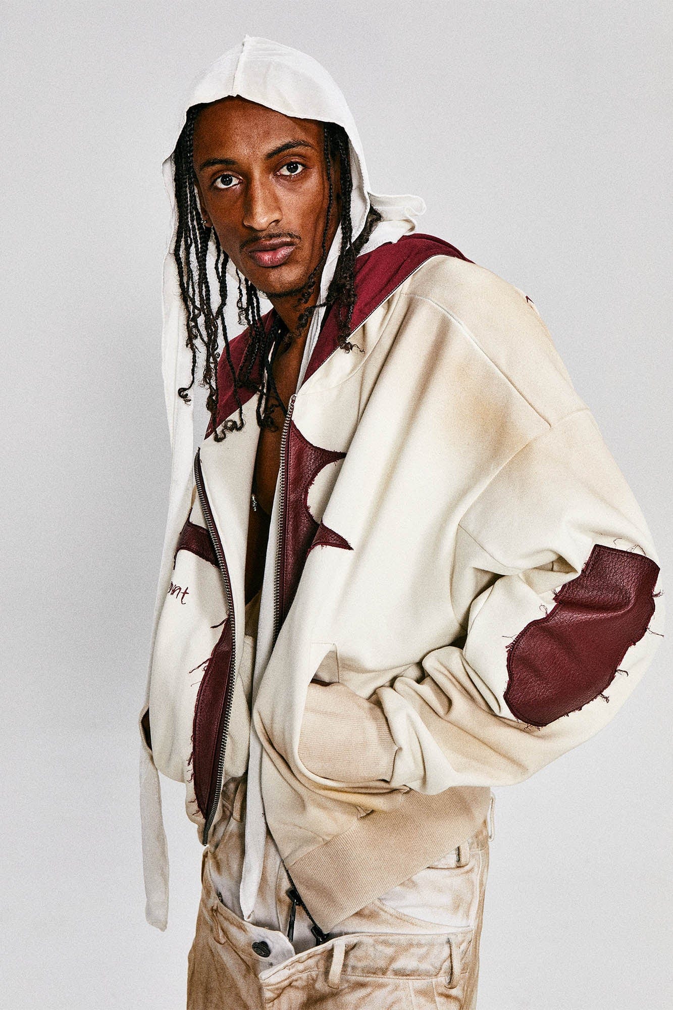 FLYERRER Distressed Cross Patch Studded Hooded Jacket, premium urban and streetwear designers apparel on PROJECTISR.com, FLYERRER