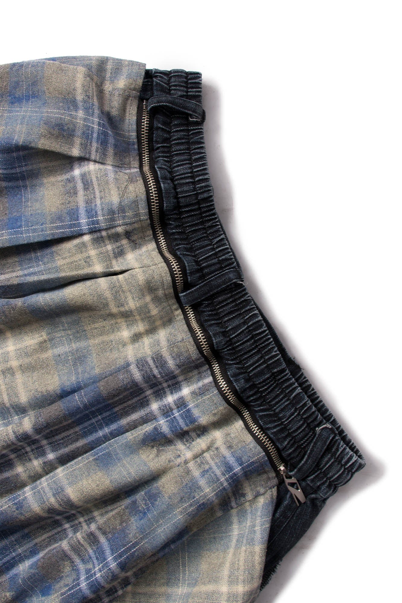RELABEL Detachable Plaid Drape Denim Shorts, premium urban and streetwear designers apparel on PROJECTISR.com, RELABEL