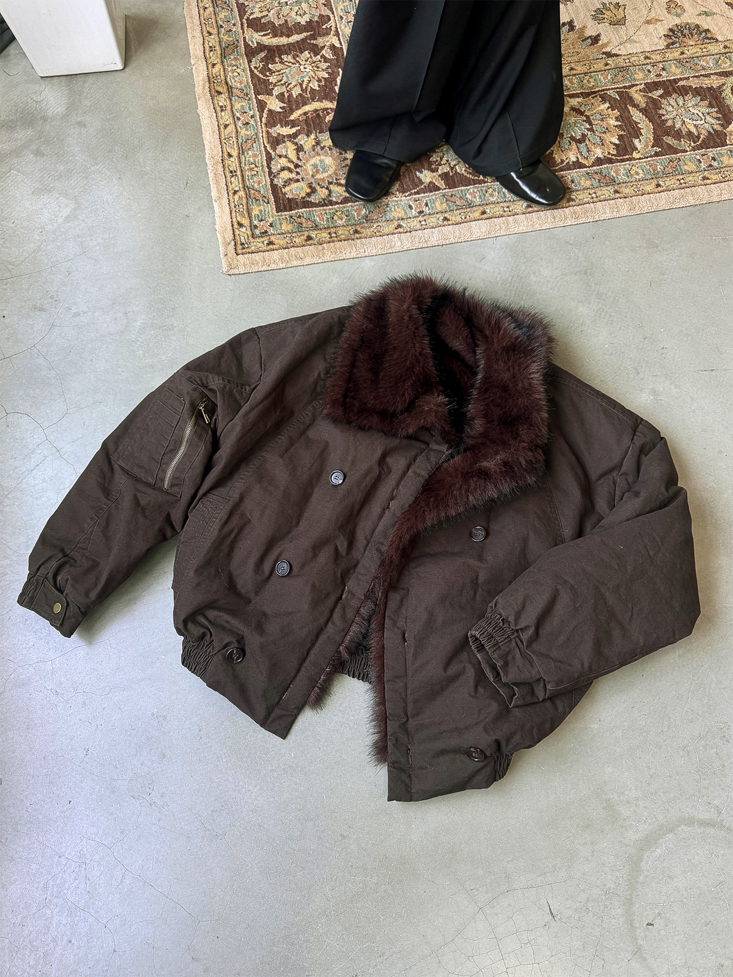 TRECLUB Double-Breasted Faux-Fur Lining Bomber Jacket
