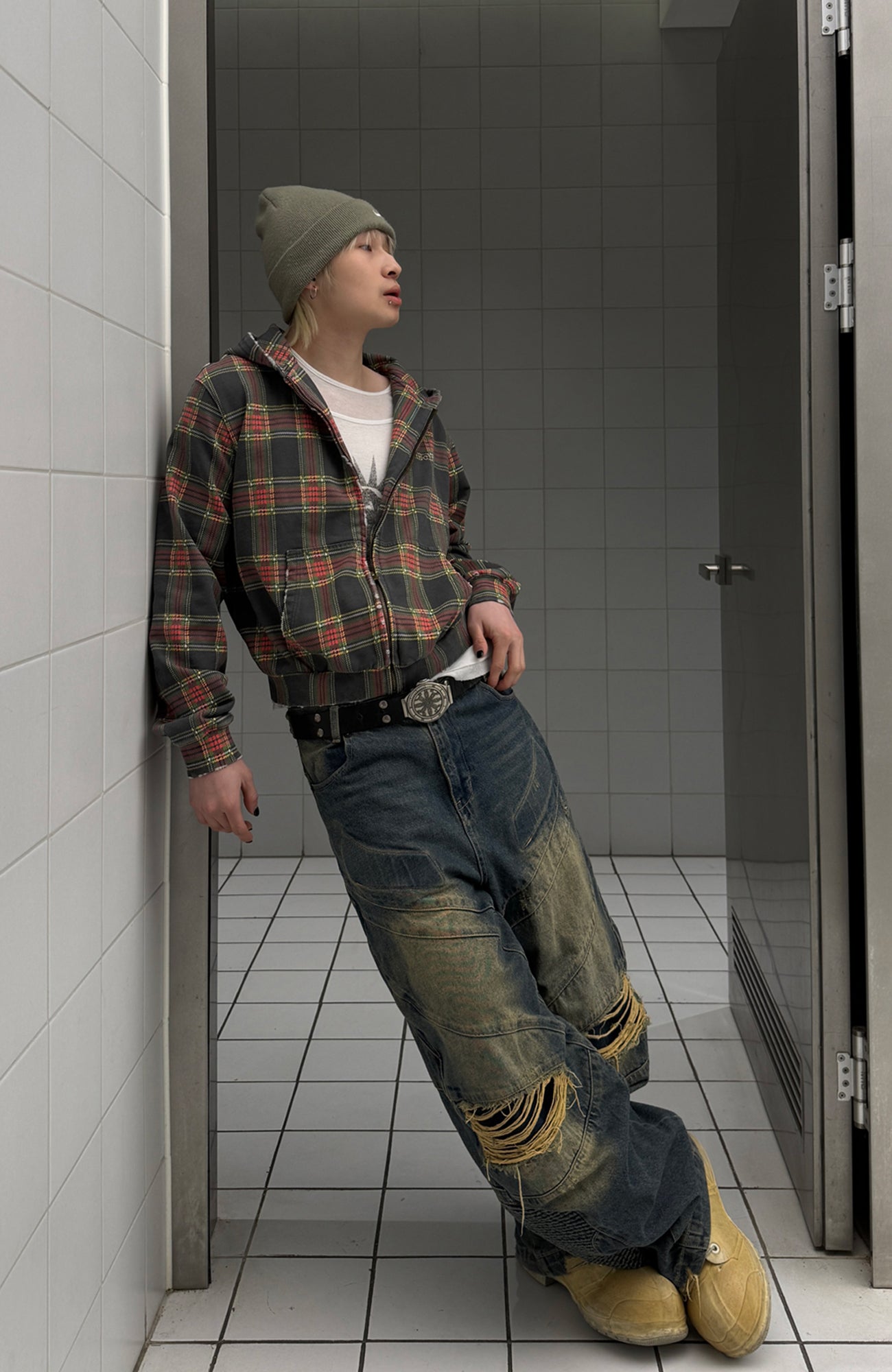 TRECLUB Distressed Plaid Zip-Up Hoodie, premium urban and streetwear designers apparel on PROJECTISR.com, TRECLUB