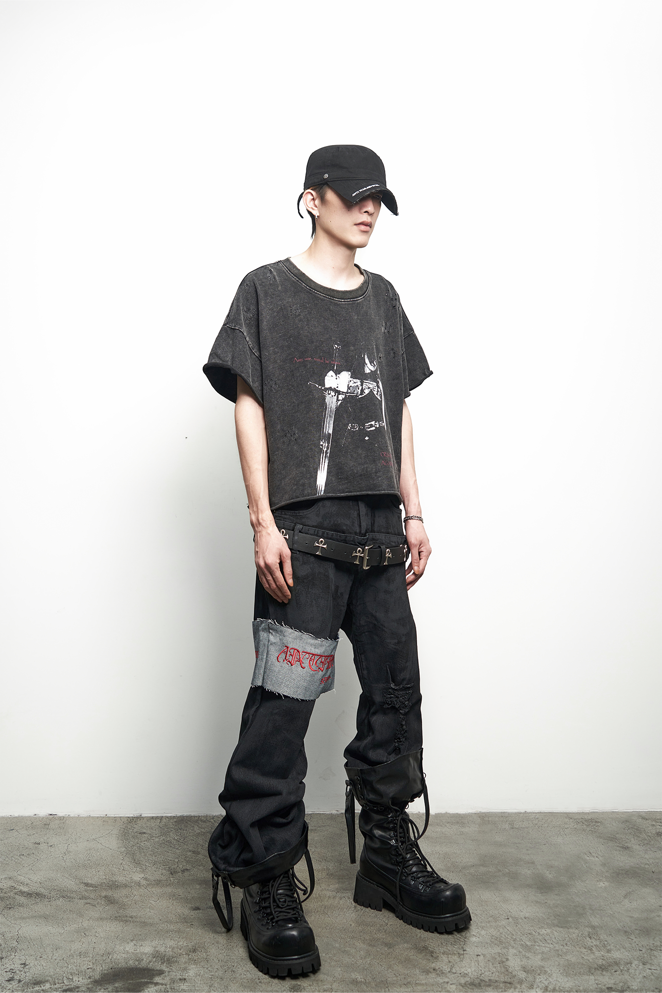 ANTI WAR REVIVAL Panelled Waxed Distressed Embroidered Double-Waistband Jeans