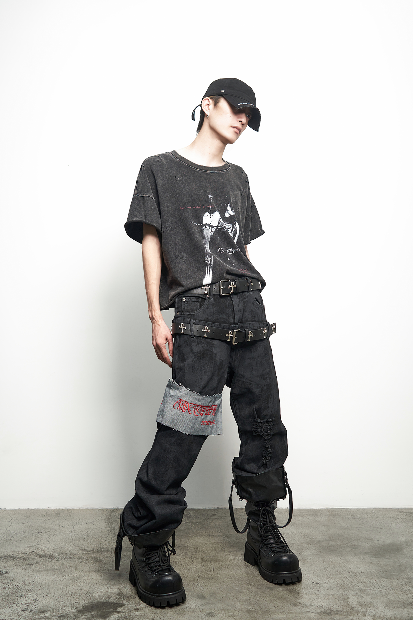 ANTI WAR REVIVAL Panelled Waxed Distressed Embroidered Double-Waistband Jeans