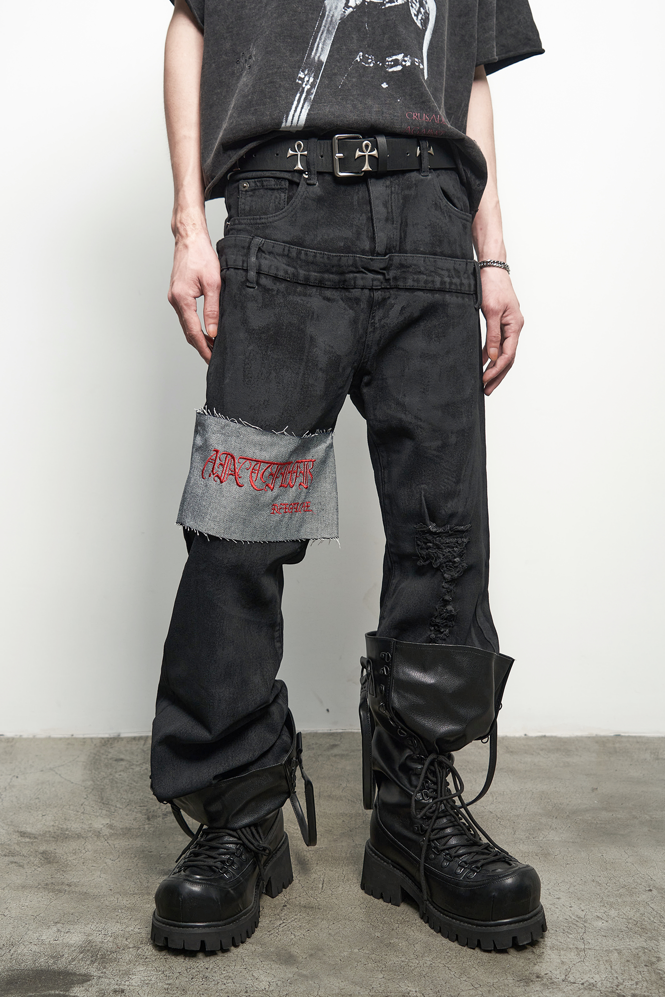 ANTI WAR REVIVAL Panelled Waxed Distressed Embroidered Double-Waistband Jeans