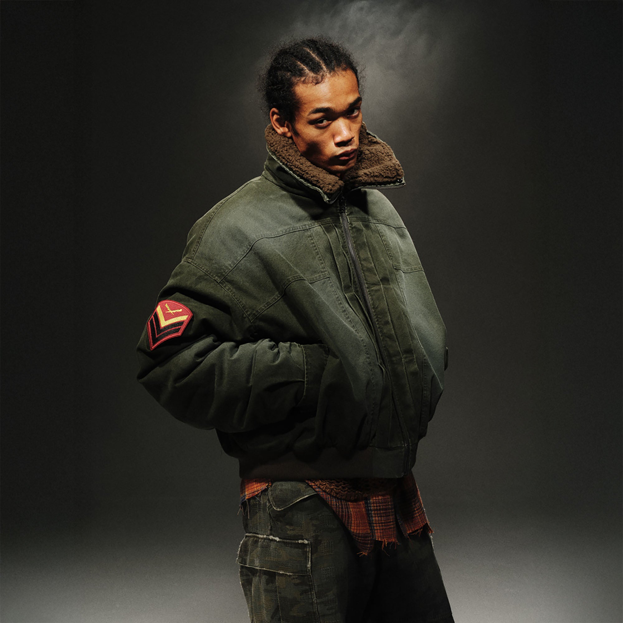 TRECLUB Distressed Patch Quilted Bomber