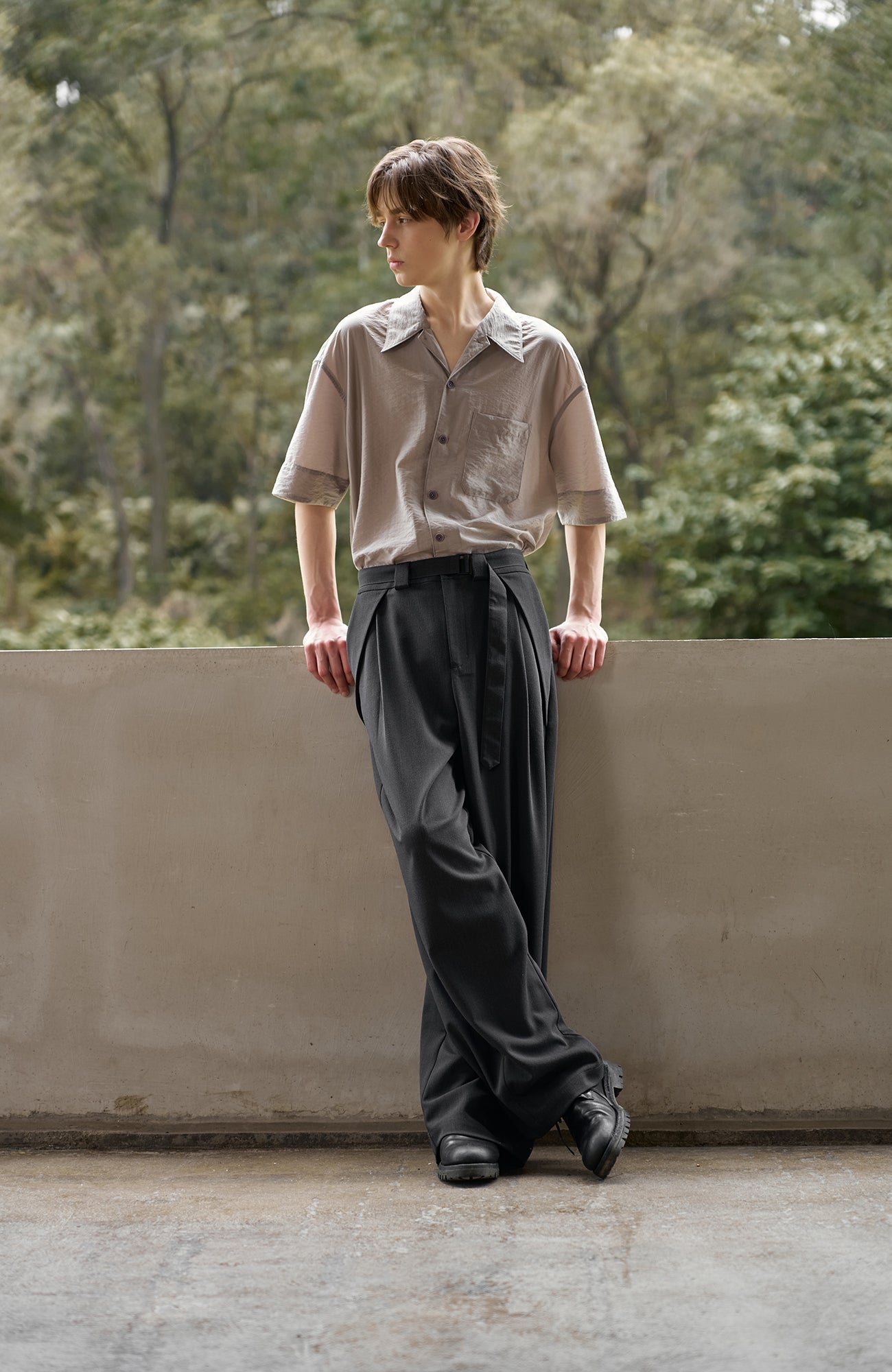 MOITIEDEPETALE Minimal Wrap Belt Curved-Leg Trousers