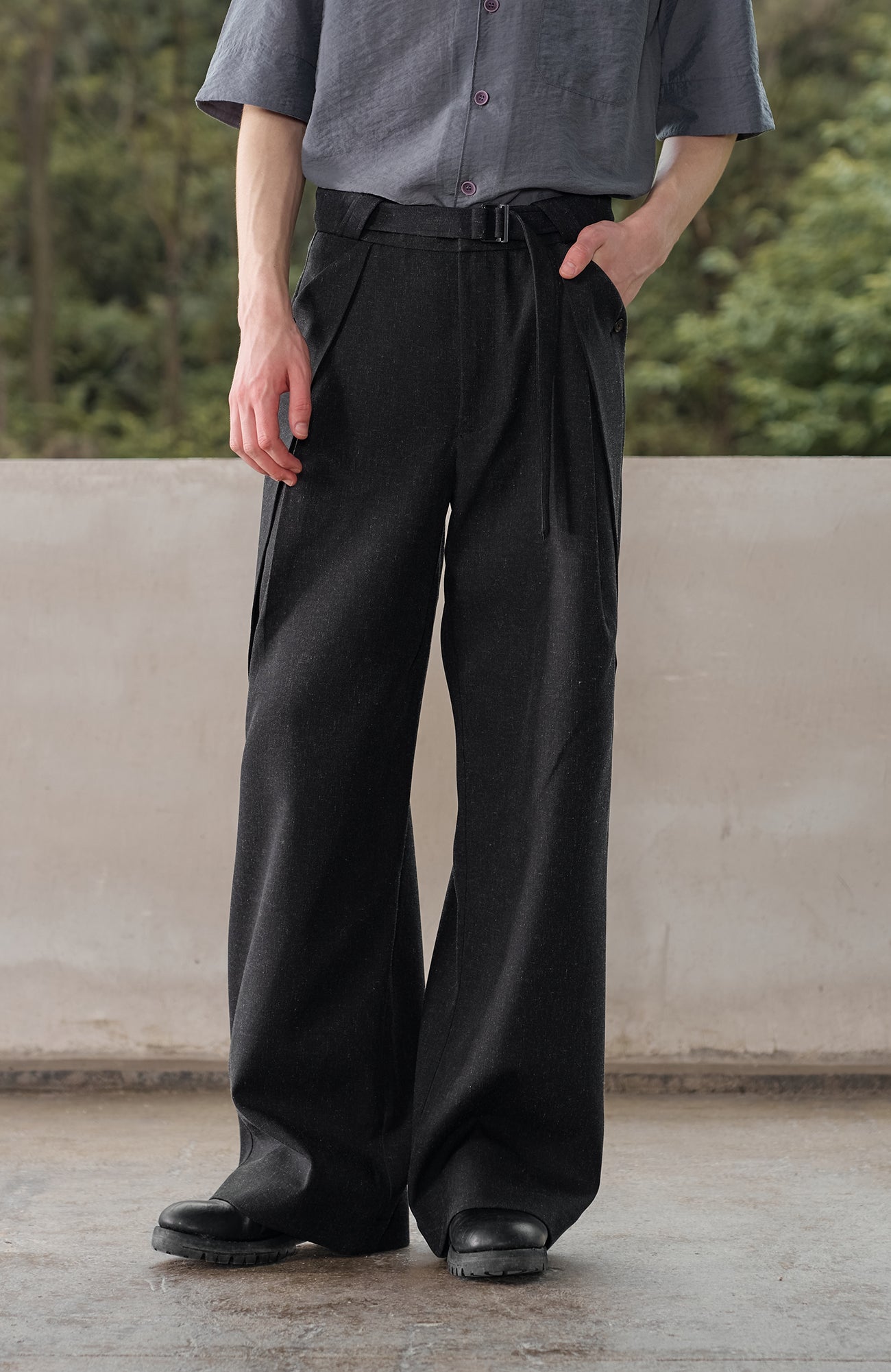 MOITIEDEPETALE Linen-Blend Wrap Belt Curved-Leg Trousers