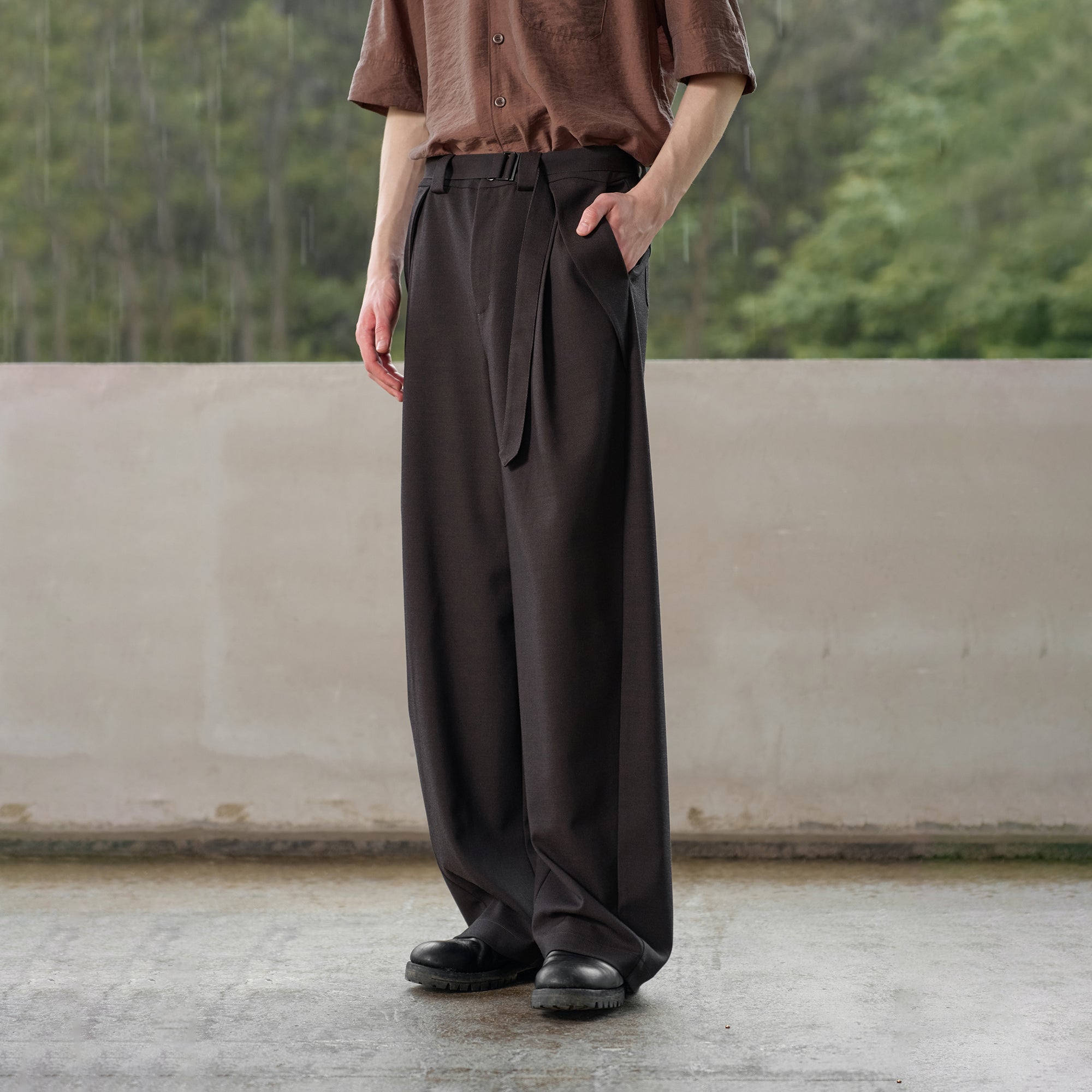 MOITIEDEPETALE Minimal Wrap Belt Curved-Leg Trousers
