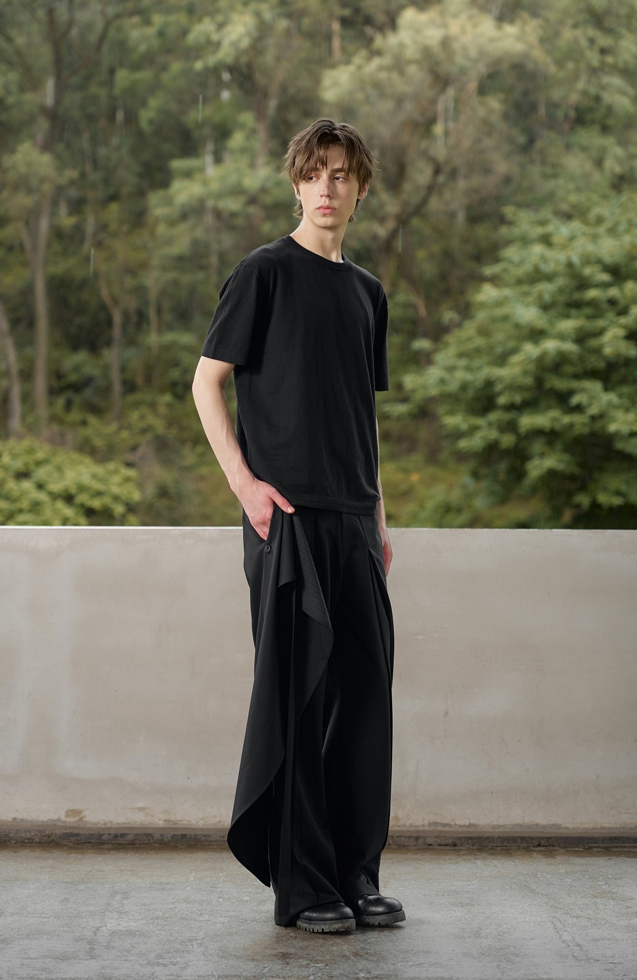 MOITIEDEPETALE Detachable Wrap Panel Slanted Pleat Trousers