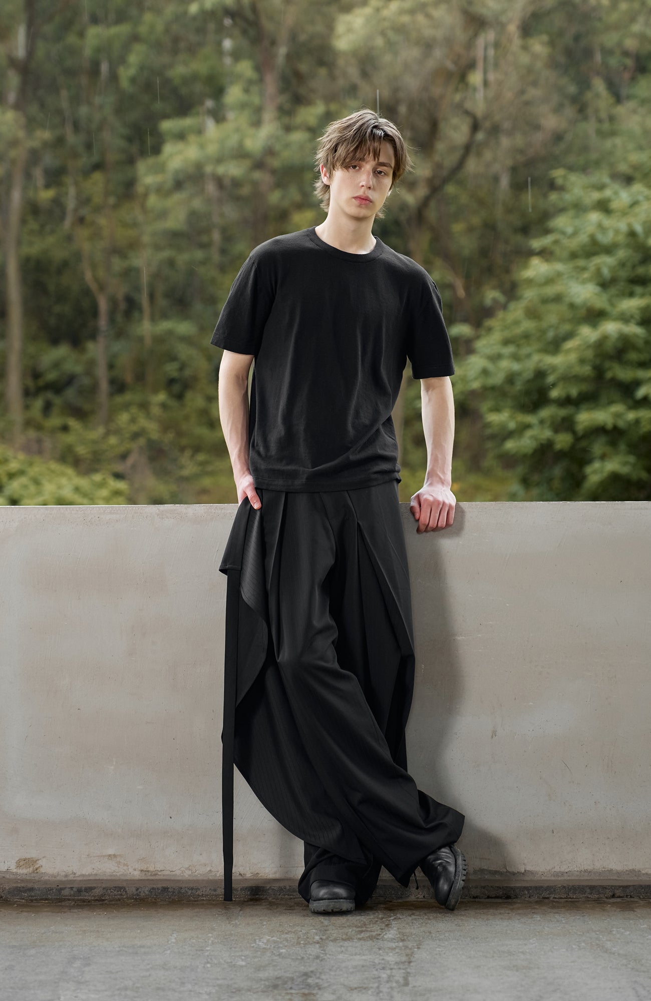 MOITIEDEPETALE Detachable Wrap Panel Slanted Pleat Trousers
