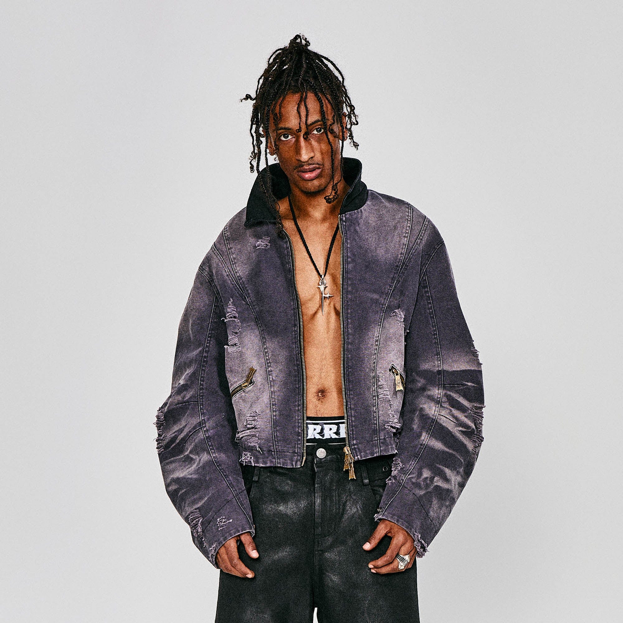 FLYERRER Distressed Curved Spliced Jacket Grey, premium urban and streetwear designers apparel on PROJECTISR.com, FLYERRER