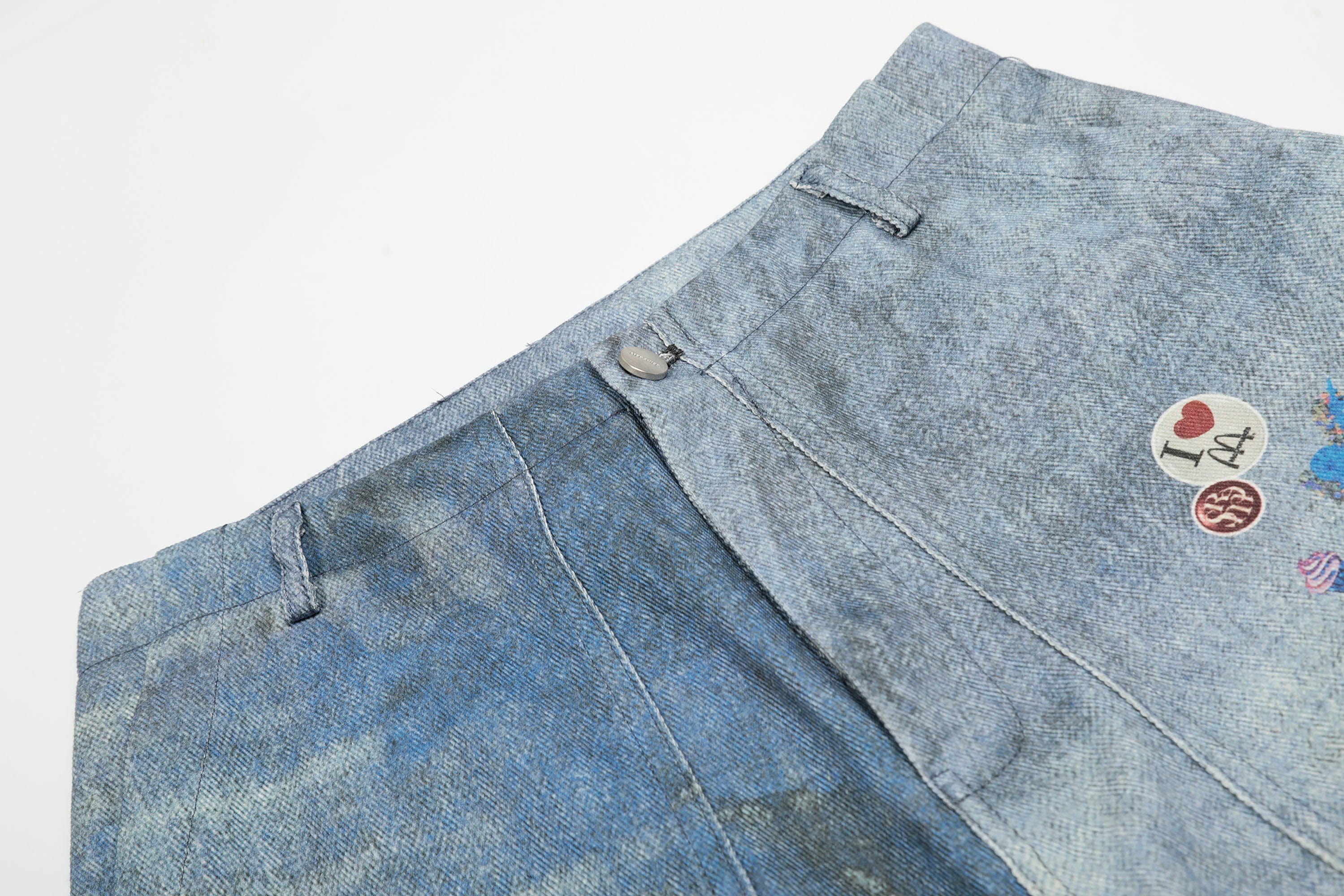CLP Whimsical Distressed Stickers Cargo Denim Shorts, premium urban and streetwear designers apparel on PROJECTISR.com, CLP