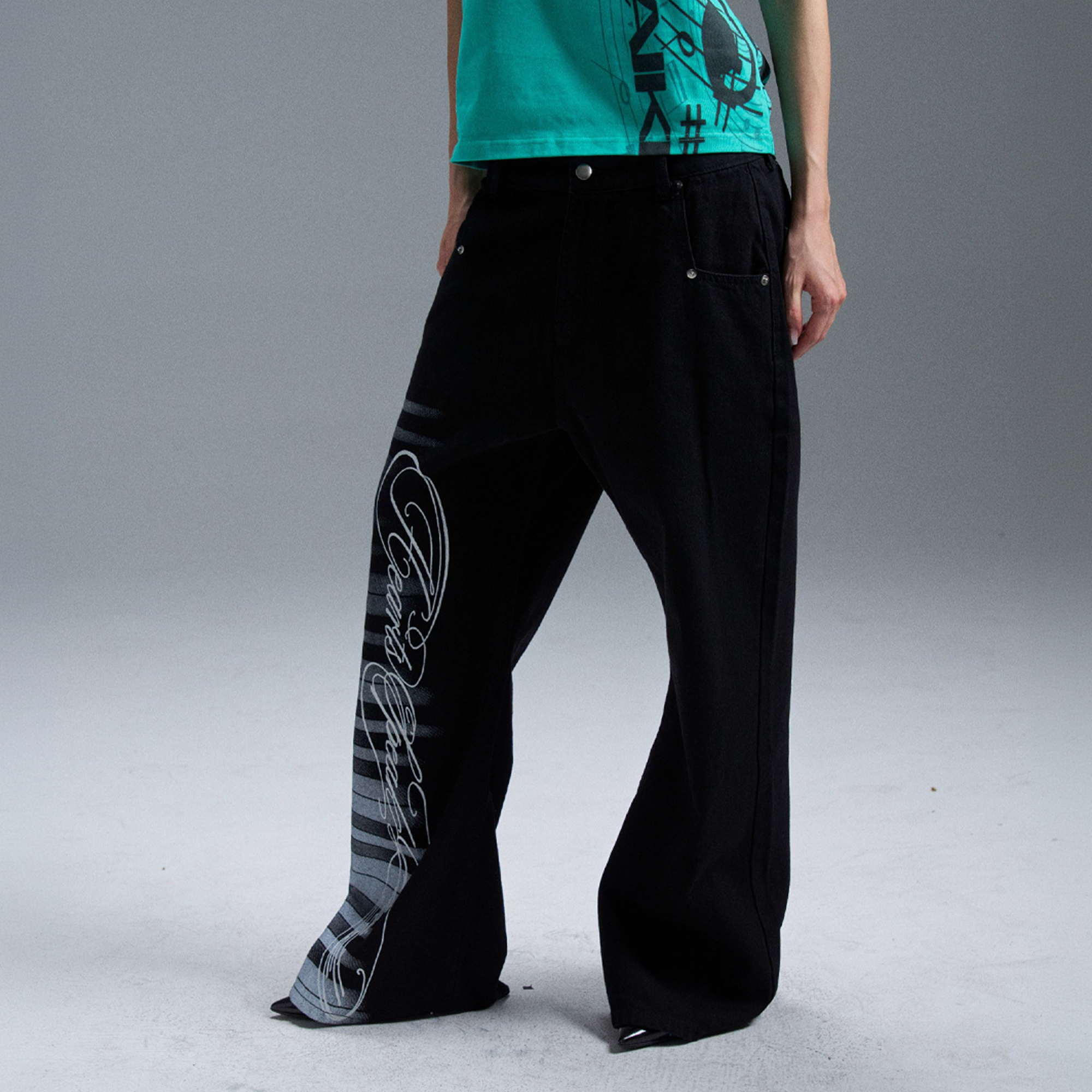 PAIKI Piano Key Script Foil Flared Jeans