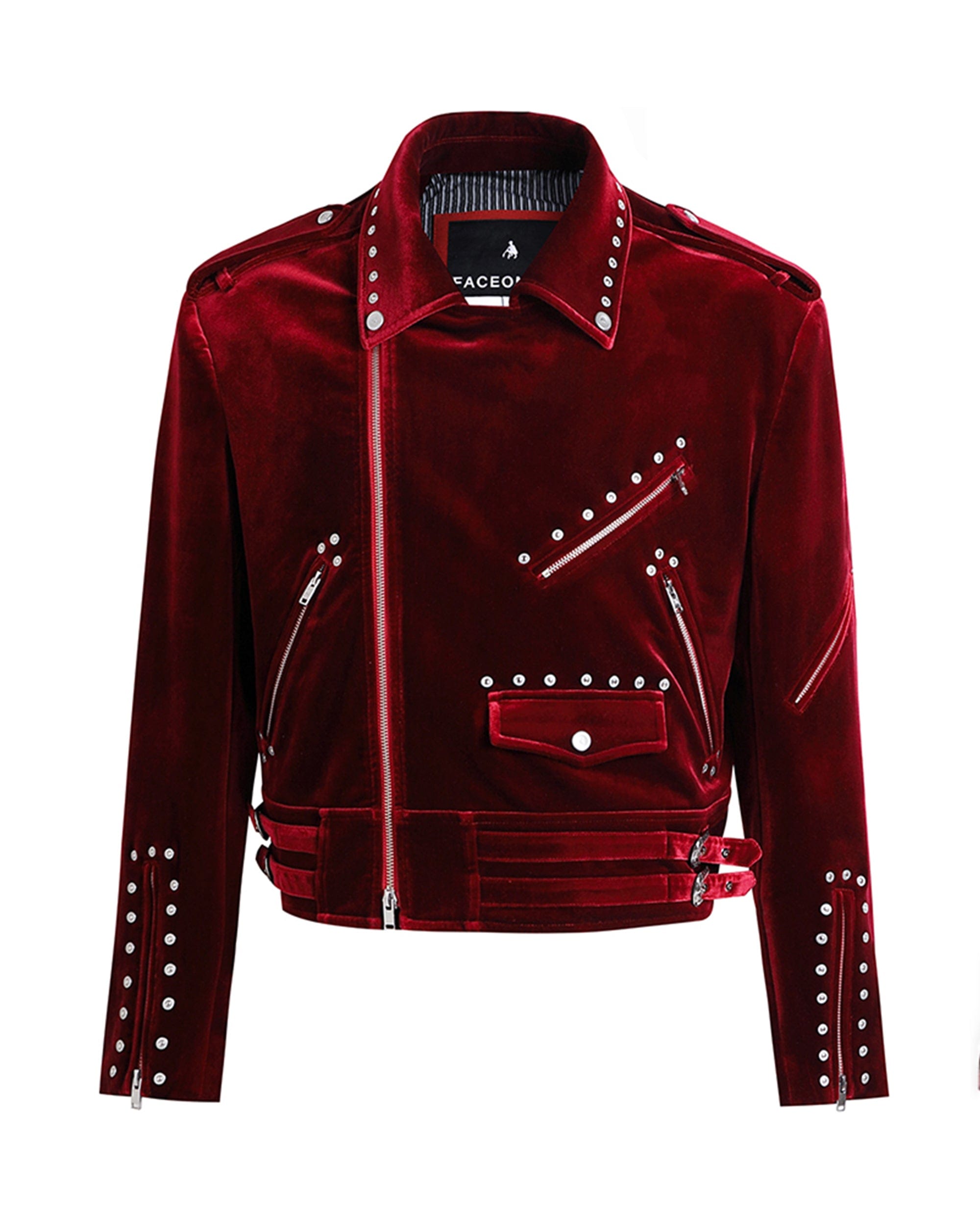 FACEONLAB Red Velvet Rivet Biker Jacket, premium urban and streetwear designers apparel on PROJECTISR.com, FACEONLAB