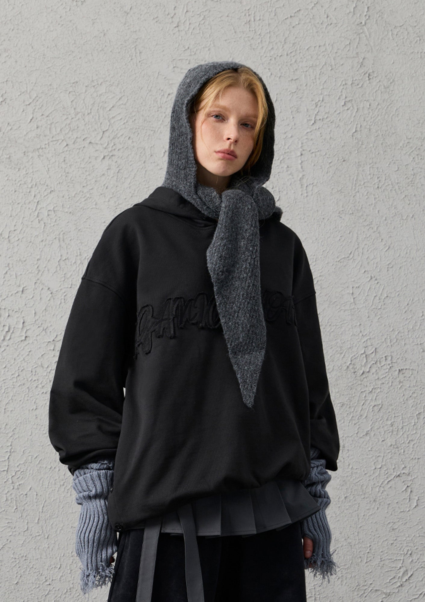 ORGANIC EMOTION Asymmetrical Hem LOGO Embroidered Hoodie, premium urban and streetwear designers apparel on PROJECTISR.com, ORGANIC EMOTION