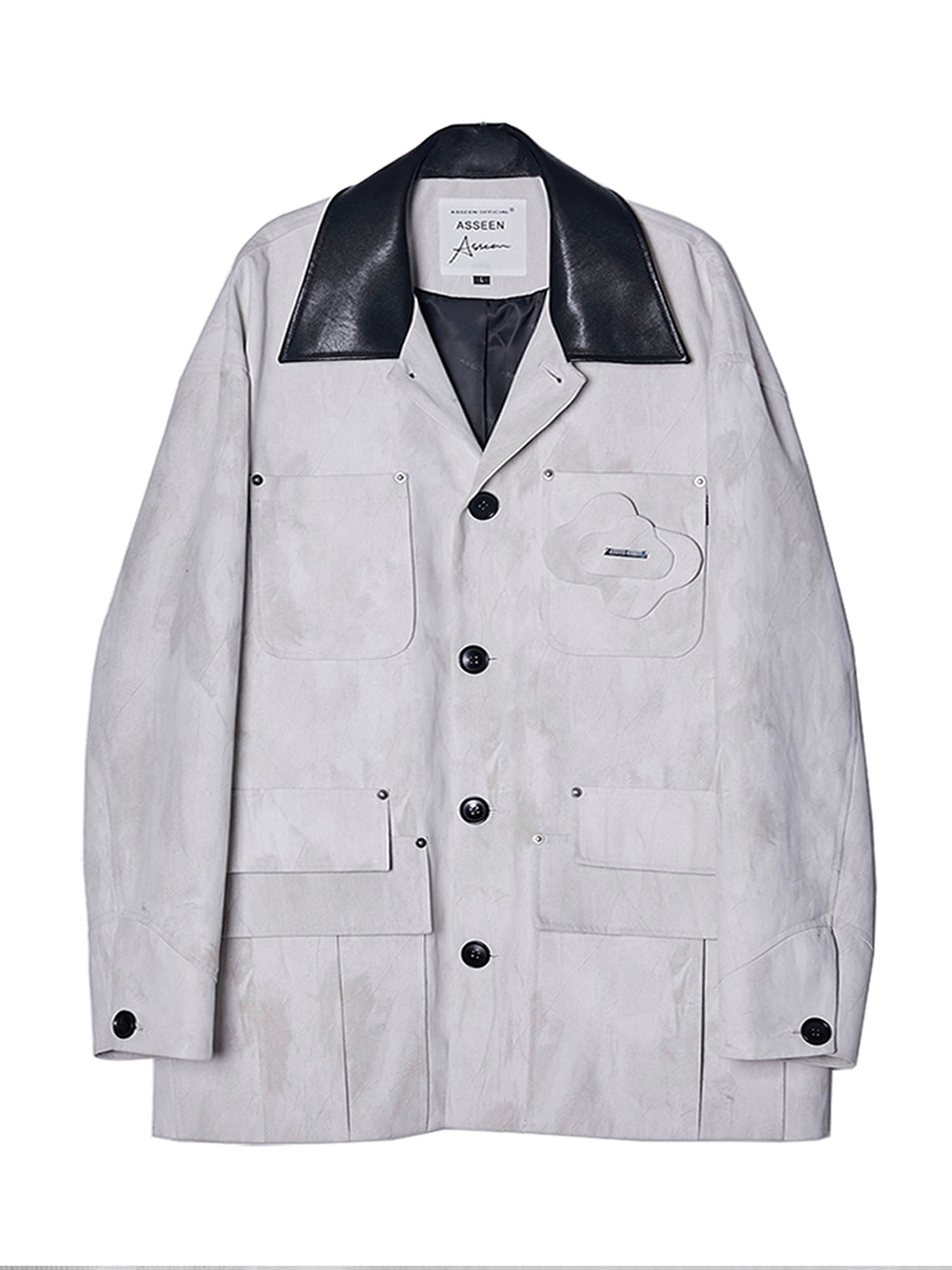 ASSEEN Distressed Panel Leather Collar Barn Jacket, premium urban and streetwear designers apparel on PROJECTISR.com, ASSEEN