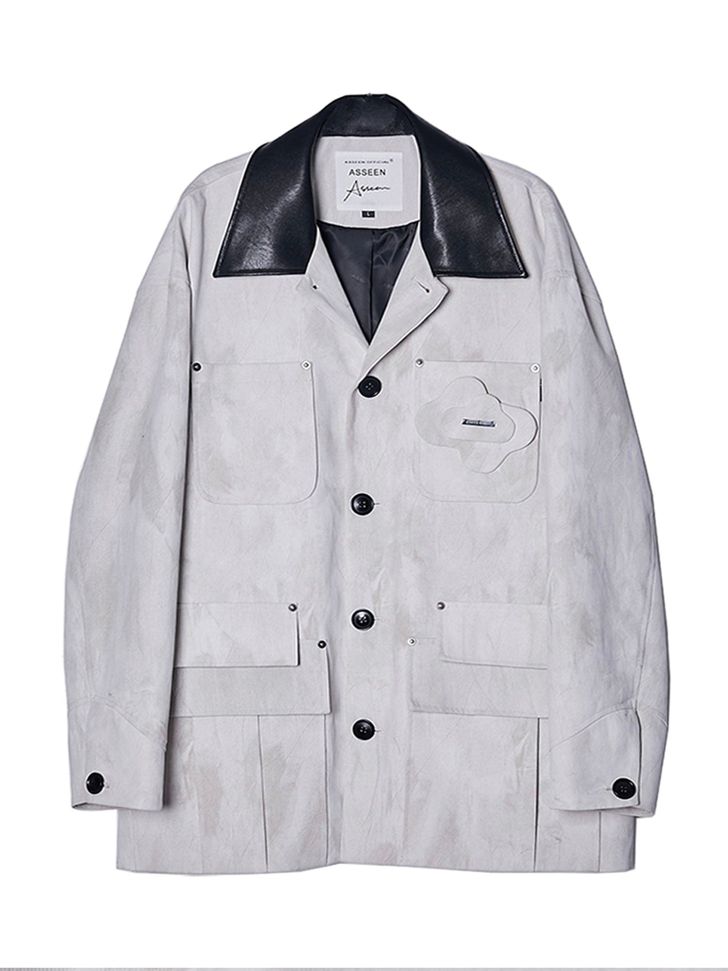 ASSEEN Distressed Panel Leather Collar Barn Jacket, premium urban and streetwear designers apparel on PROJECTISR.com, ASSEEN